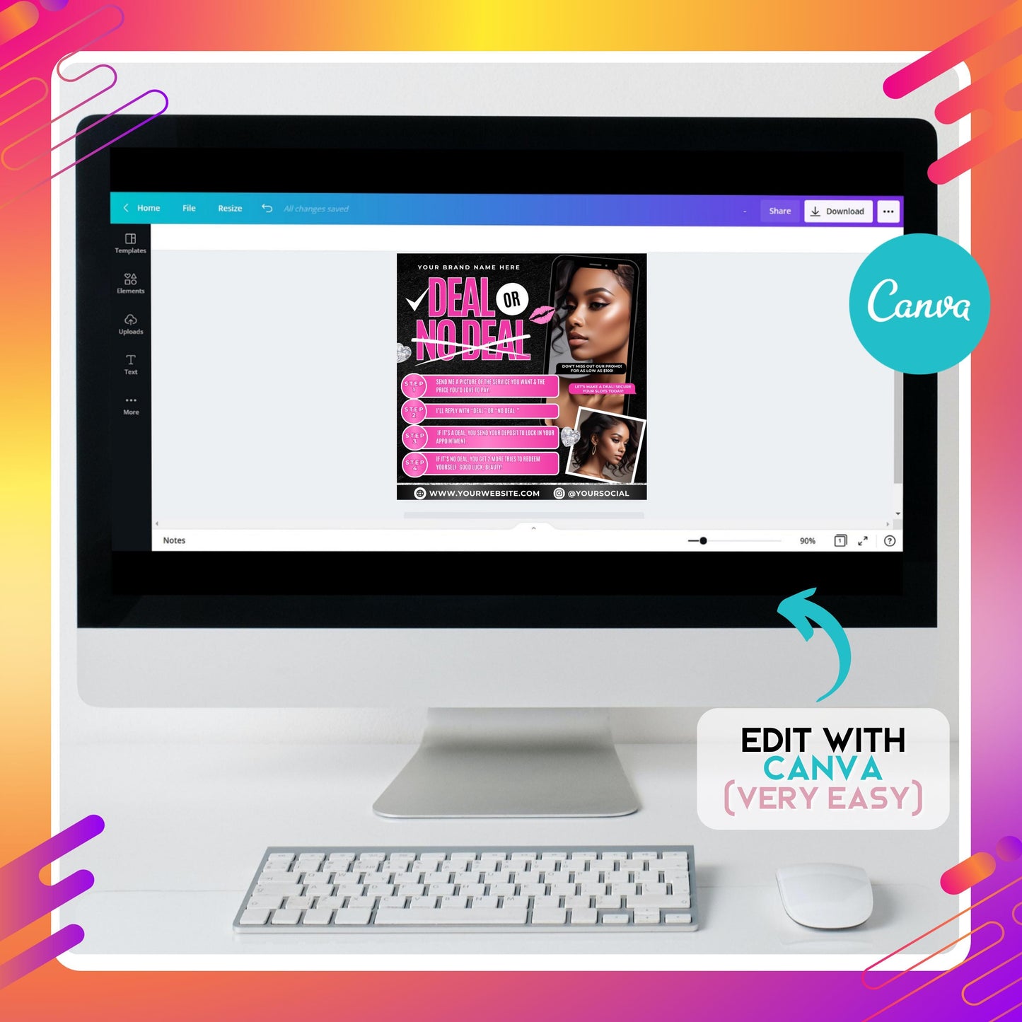 editable deal or no deal beauty flyer template in black and pink, featuring model images, phone mockup, and promo steps for salons and beauty businesses.