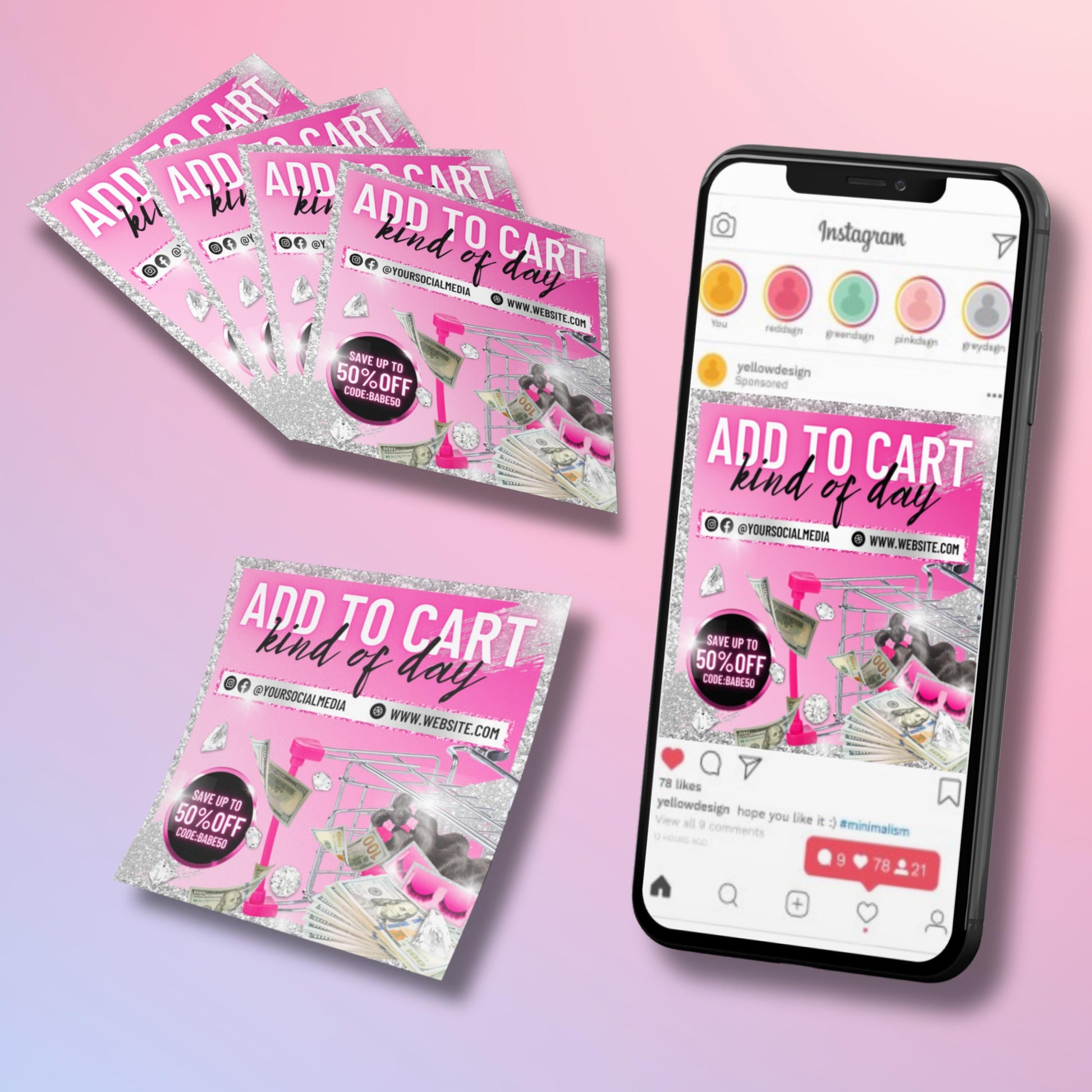 Editable pink glitter sale flyer template with shopping cart, money graphics, diamonds, and bold text “Add to Cart Kind of Day” featuring discount offer and customizable social media links.