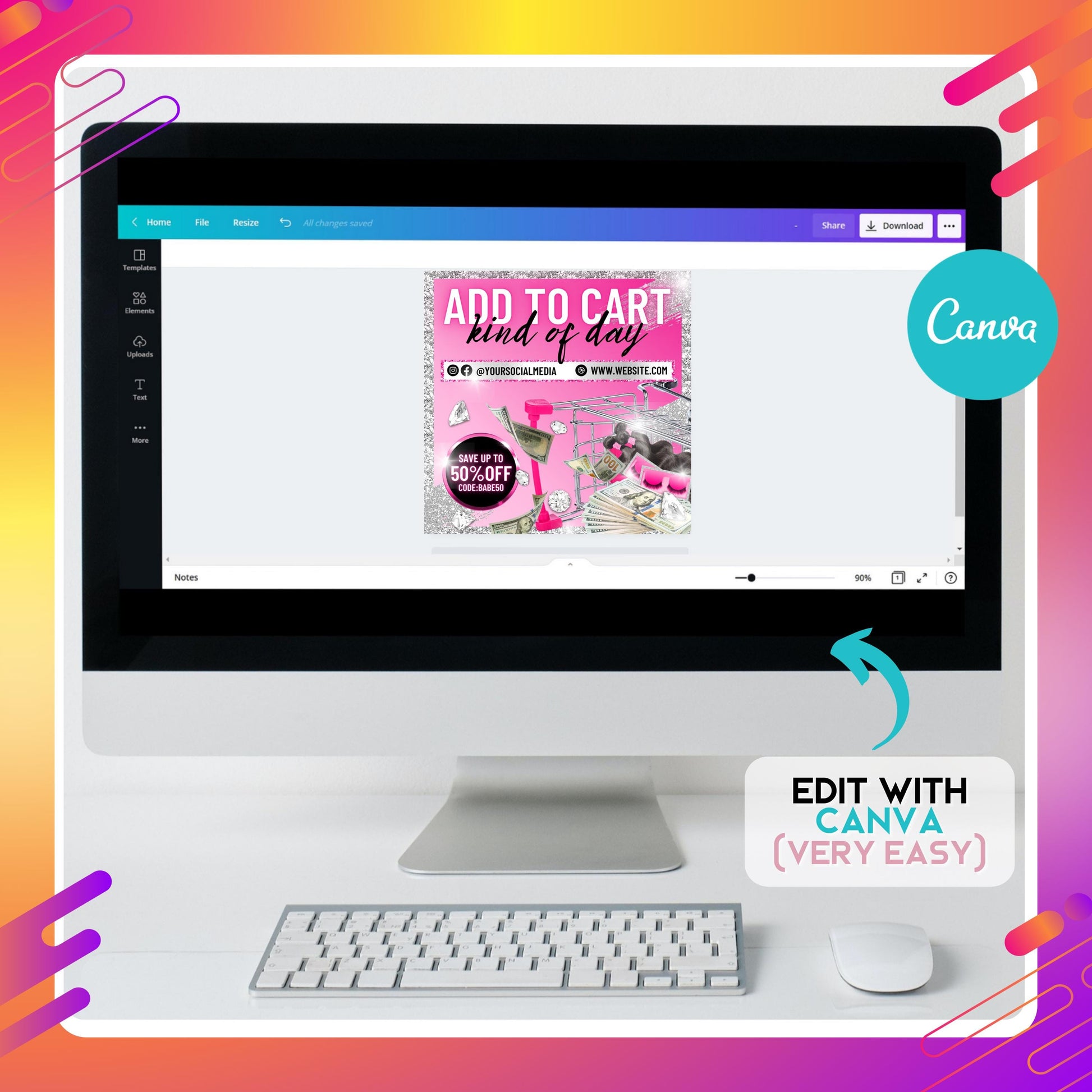 Editable pink glitter sale flyer template with shopping cart, money graphics, diamonds, and bold text “Add to Cart Kind of Day” featuring discount offer and customizable social media links.