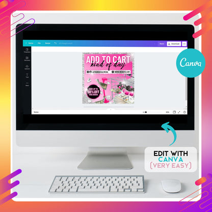 Editable pink glitter sale flyer template with shopping cart, money graphics, diamonds, and bold text “Add to Cart Kind of Day” featuring discount offer and customizable social media links.