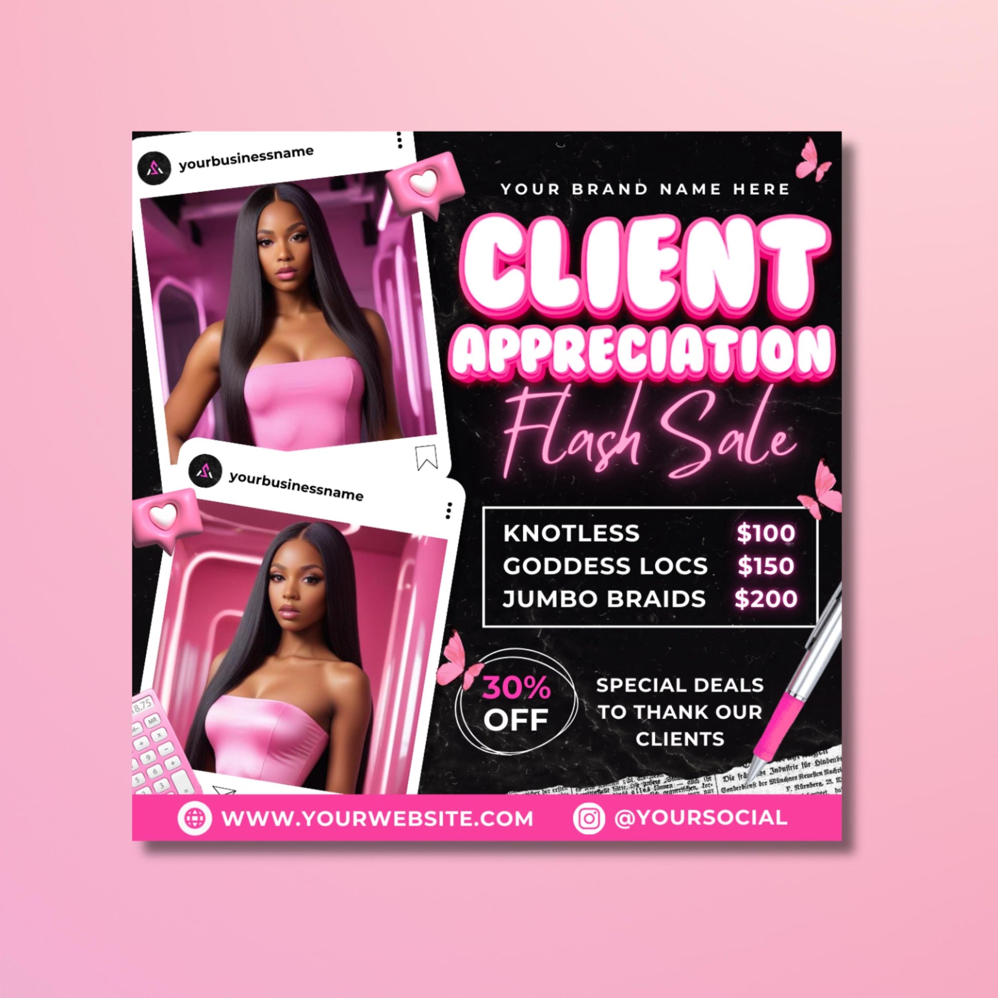 Editable client appreciation flash sale flyer template for braiders and hairstylists, featuring pink and black design with pricing for knotless, goddess locs, and jumbo braids.