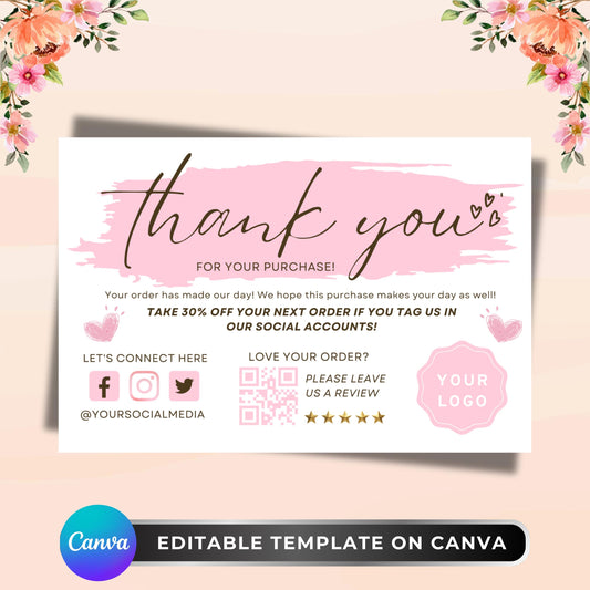 Thank You Card, DIY Marketing Cards Template Design, Thank You For Order Packaging Card, Pink Insert Thank You Cards, Small Business Card