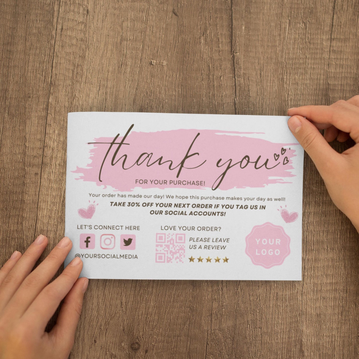thank you card, diy marketing cards template design, thank you for order packaging card, pink insert thank you cards, small business card
