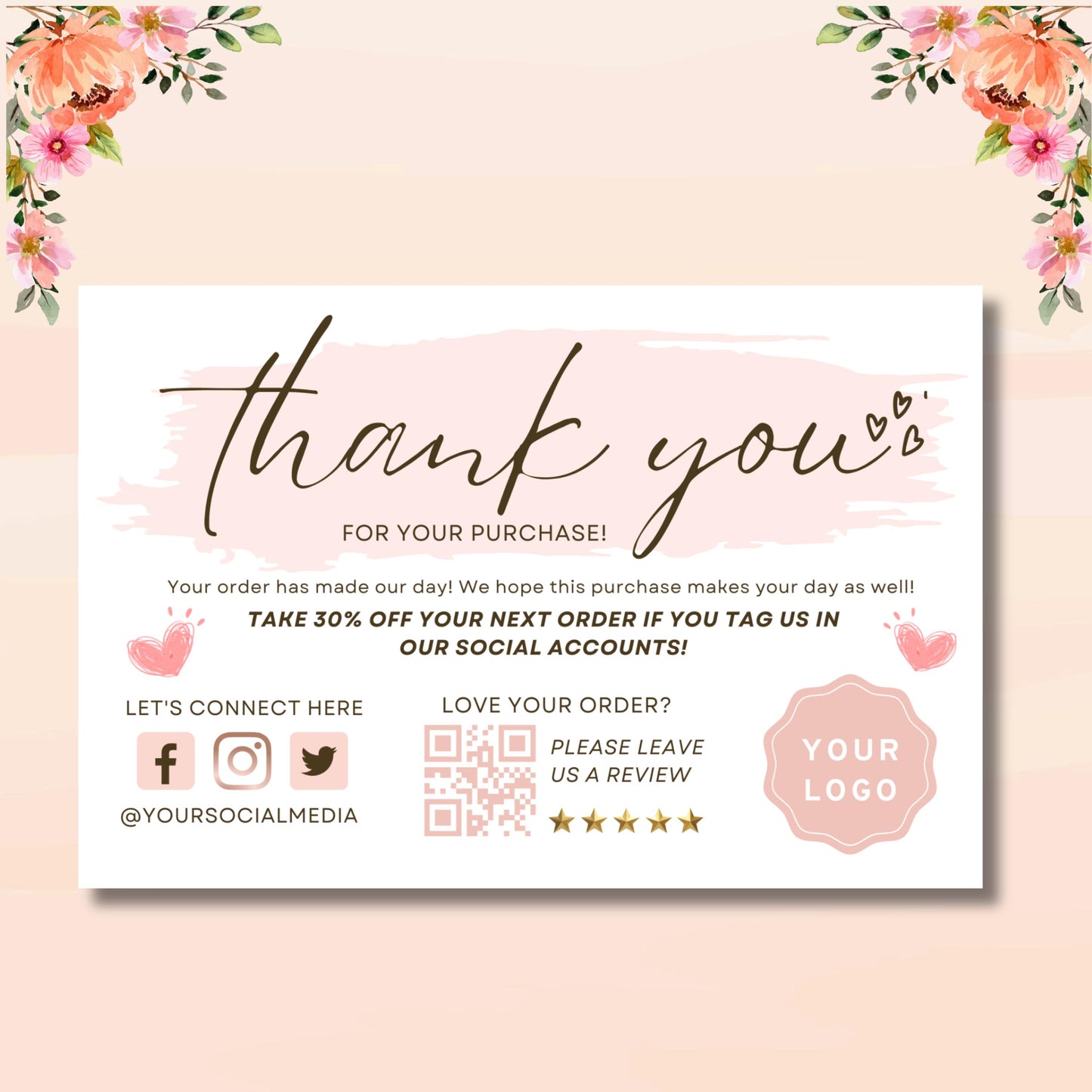 thank you card, diy marketing cards template design, thank you for order packaging card, pink insert thank you cards, small business card