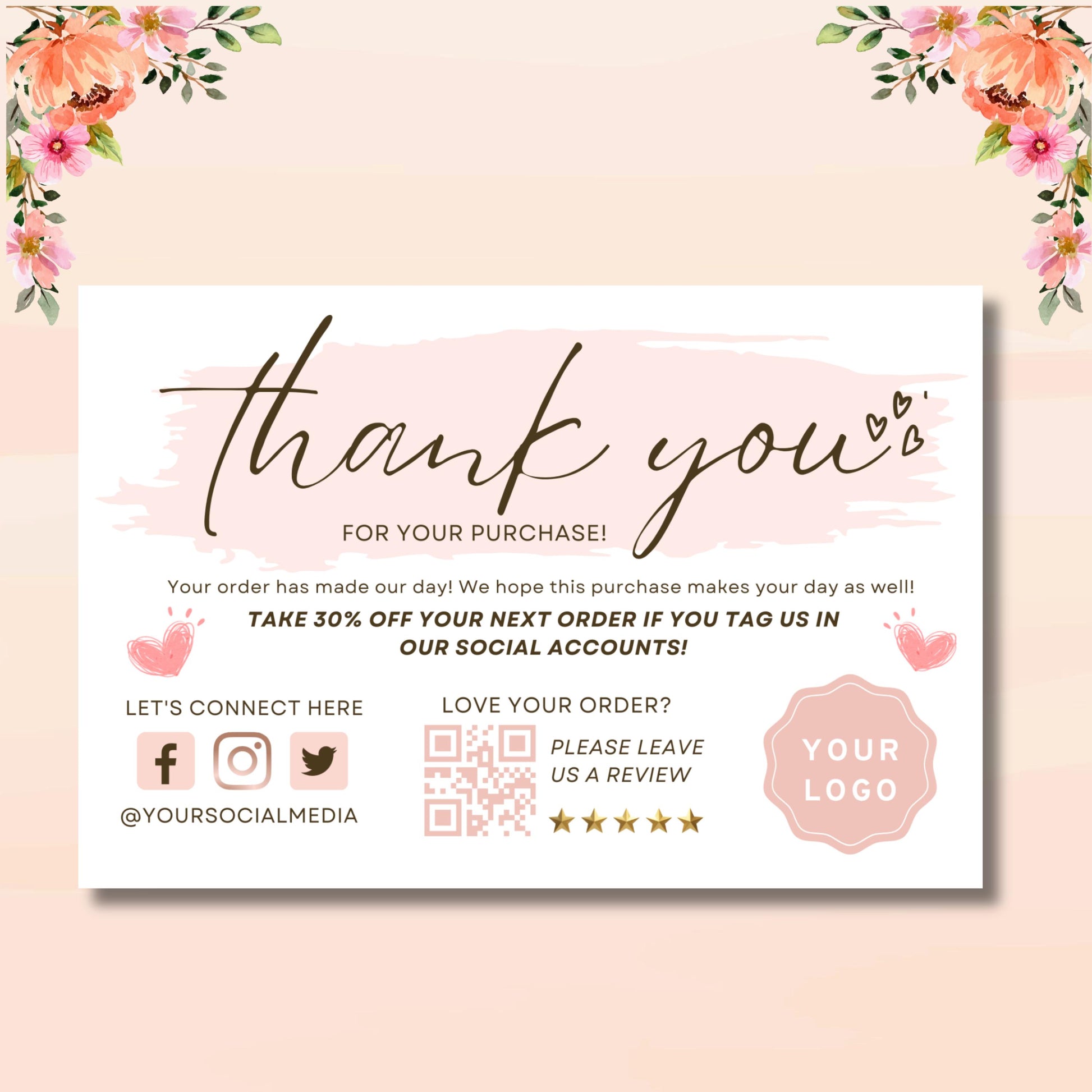 Thank You Card, DIY Marketing Cards Template Design, Thank You For Order Packaging Card, Pink Insert Thank You Cards, Small Business Card