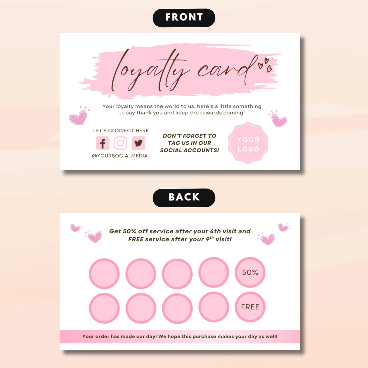 printable loyalty punch card canva template, customizable customer rewards card for salons, spas, coffee shops, boutiques

pink business loyalty card design, editable canva punch card for customer retention, reward system, and repeat clients