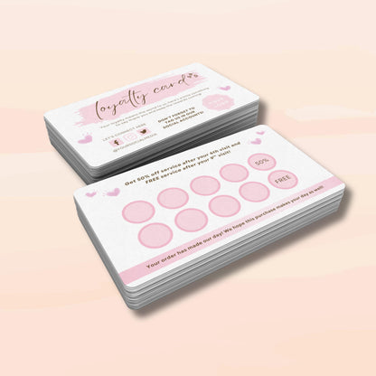 Printable loyalty punch card Canva template, customizable customer rewards card for salons, spas, coffee shops, boutiques

Pink business loyalty card design, editable Canva punch card for customer retention, reward system, and repeat clients