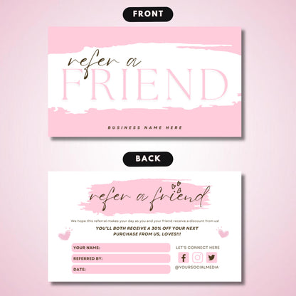 Printable referral card template front and back, customizable Canva design for discounts and customer rewards

Pink refer a friend business card template, editable Canva design for salons, spas, boutiques, and coffee shops

Editable small business referral card, Canva discount card template for referral programs and customer rewards