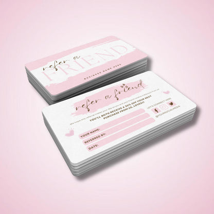 Printable referral card template front and back, customizable Canva design for discounts and customer rewards

Pink refer a friend business card template, editable Canva design for salons, spas, boutiques, and coffee shops

Editable small business referral card, Canva discount card template for referral programs and customer rewards