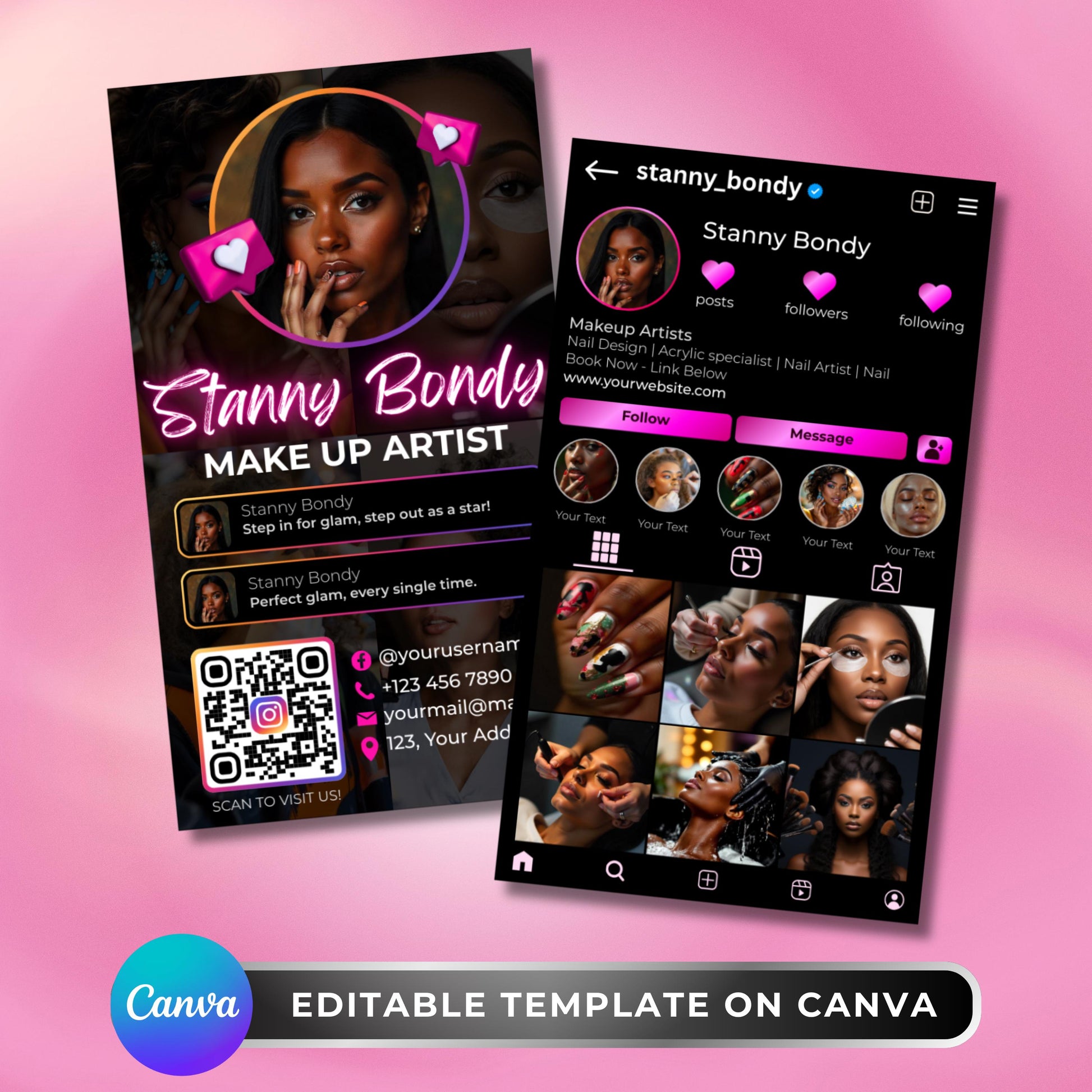 Editable Makeup Artist Business Card Template with Instagram-inspired design. Front side features neon pink name text, profile image, QR code, and contact details, while the back side showcases a modern social media profile layout for beauty services, perfect for makeup artists, nail techs, lash techs, and hairstylists.