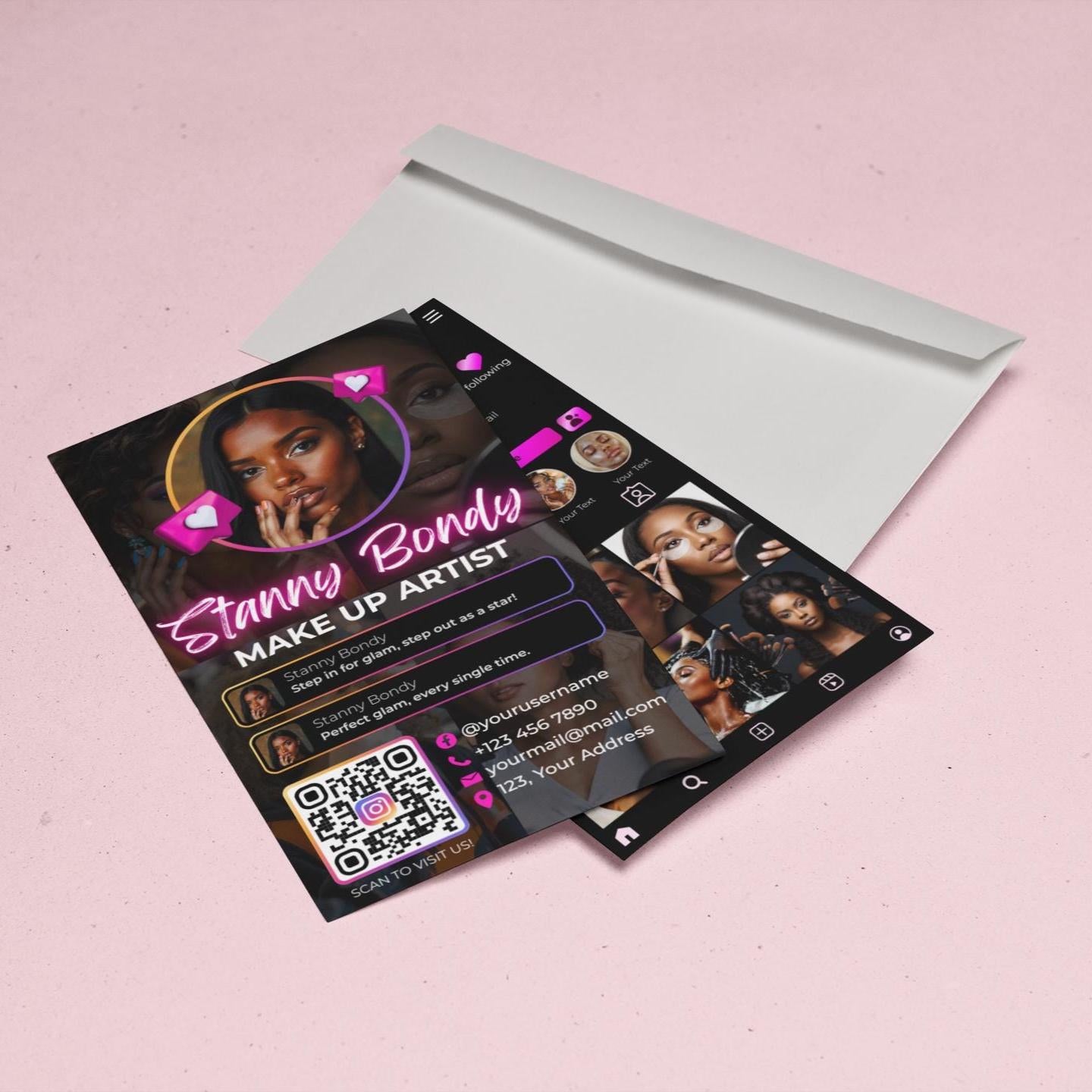 editable makeup artist business card template with instagram-inspired design. front side features neon pink name text, profile image, qr code, and contact details, while the back side showcases a modern social media profile layout for beauty services, perfect for makeup artists, nail techs, lash techs, and hairstylists.