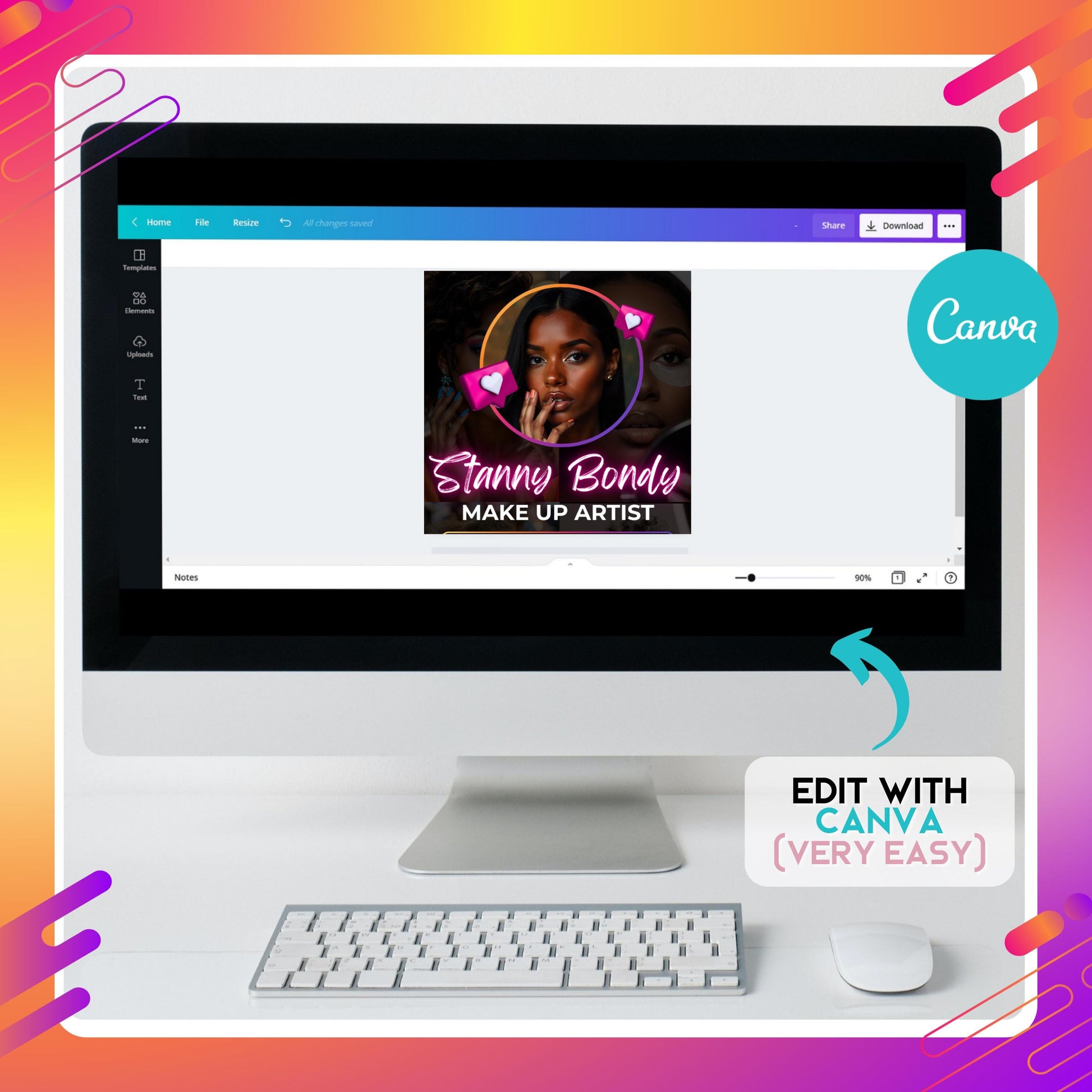 Editable Makeup Artist Business Card Template with Instagram-inspired design. Front side features neon pink name text, profile image, QR code, and contact details, while the back side showcases a modern social media profile layout for beauty services, perfect for makeup artists, nail techs, lash techs, and hairstylists.