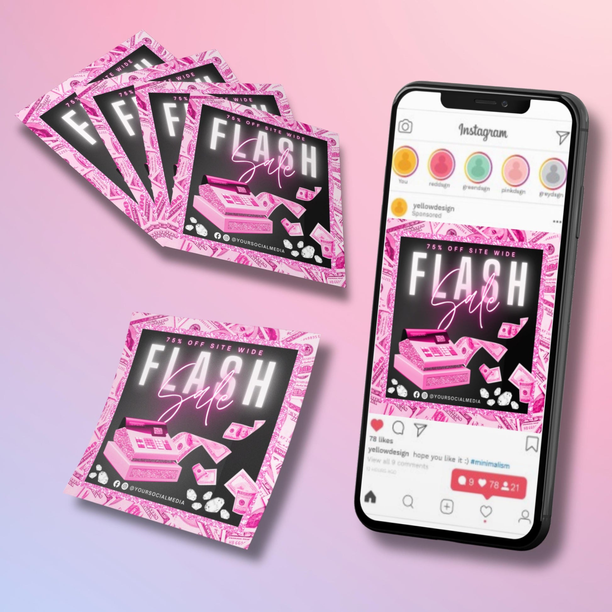 Editable Flash Sale Social Media Template with pink glitter cash register, flying dollar bills, diamonds, and bold neon text reading ‘Flash Sale – 75% Off Sitewide,’ perfect for online boutiques, fashion shops, and beauty brands promoting sales.