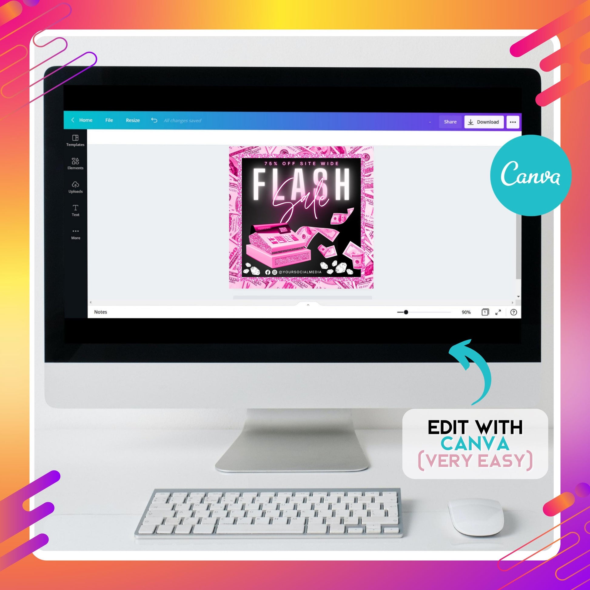 Editable Flash Sale Social Media Template with pink glitter cash register, flying dollar bills, diamonds, and bold neon text reading ‘Flash Sale – 75% Off Sitewide,’ perfect for online boutiques, fashion shops, and beauty brands promoting sales.