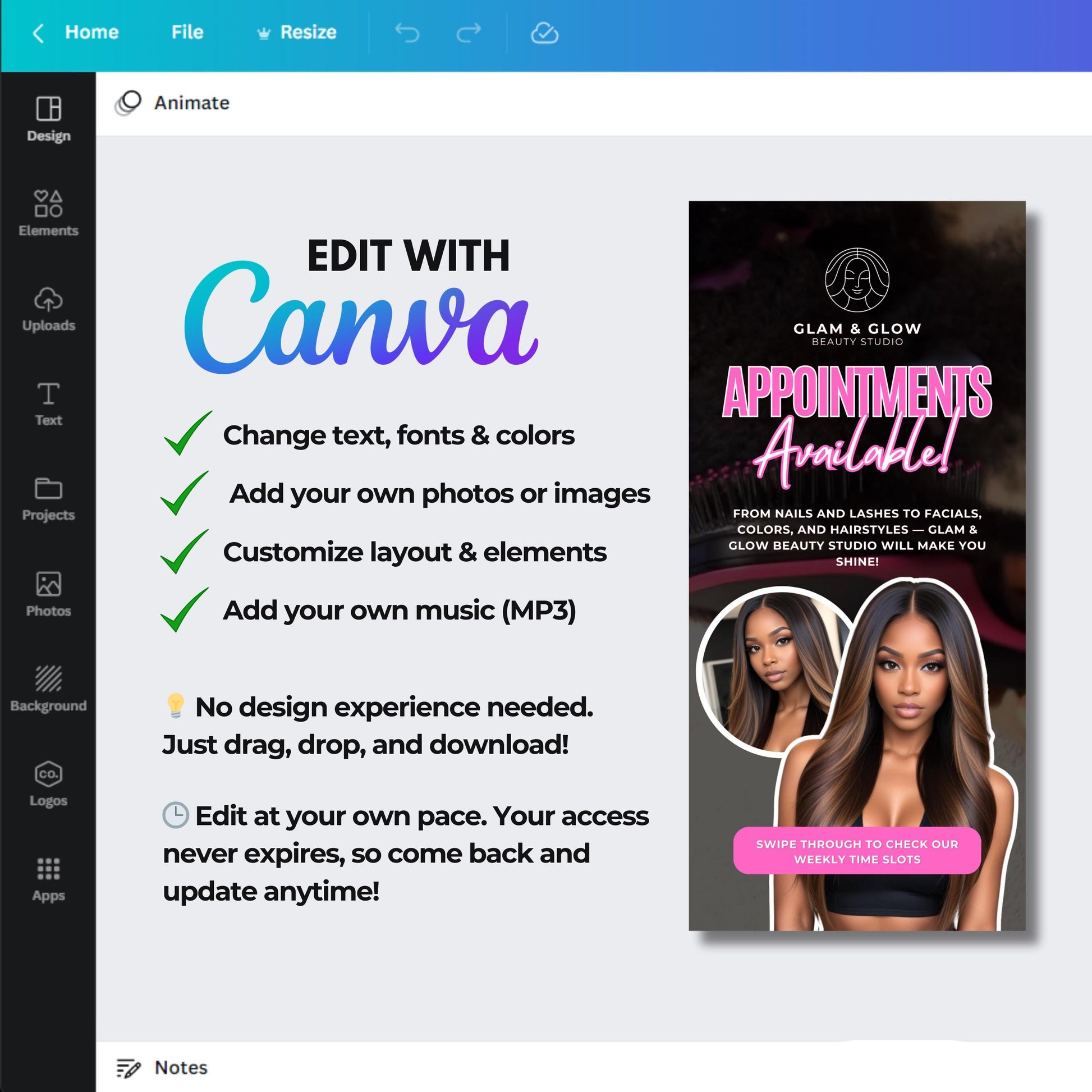 Editable Beauty Appointment Booking Templates in pink and black, including a main page flyer, weekly time slot schedule, and contact details page, designed for salons, nail artists, lash techs, hairstylists, and spas to promote bookings on Instagram and social media.