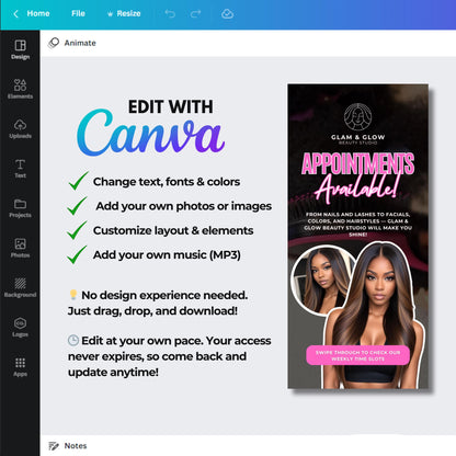 Editable Beauty Appointment Booking Templates in pink and black, including a main page flyer, weekly time slot schedule, and contact details page, designed for salons, nail artists, lash techs, hairstylists, and spas to promote bookings on Instagram and social media.