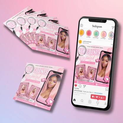 Editable pink “New Clients Wanted” flyer template featuring a stylish beauty model with long pink hair, framed photos, and booking details.