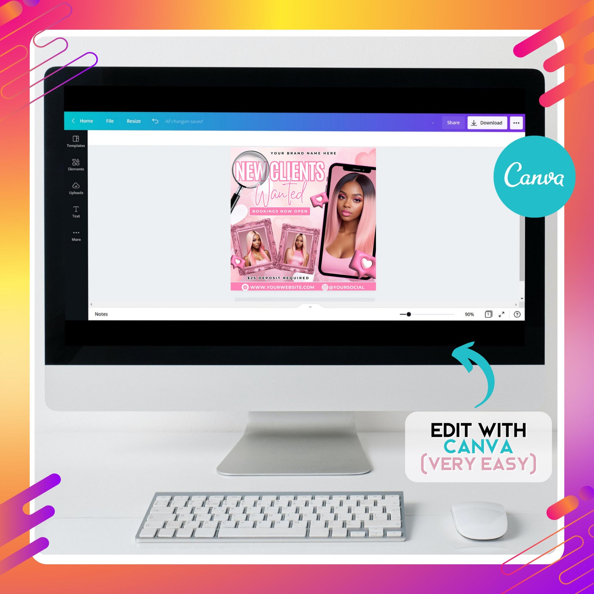 Editable pink “New Clients Wanted” flyer template featuring a stylish beauty model with long pink hair, framed photos, and booking details.