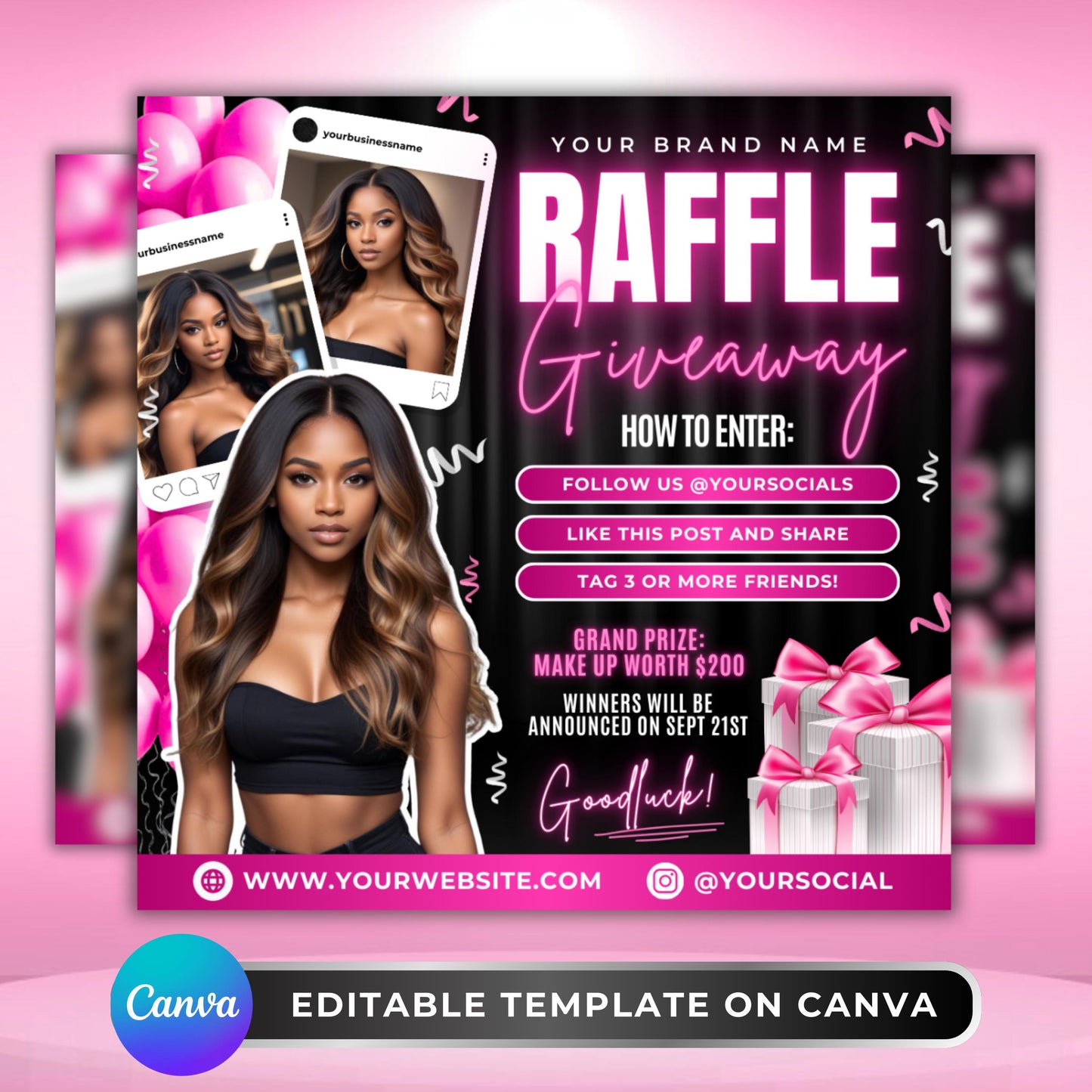 editable black and pink raffle giveaway flyer template featuring beauty model, contest entry steps, and prize details with gift box graphics.