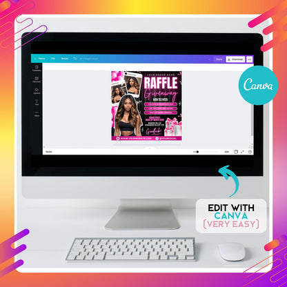 Editable black and pink raffle giveaway flyer template featuring beauty model, contest entry steps, and prize details with gift box graphics.