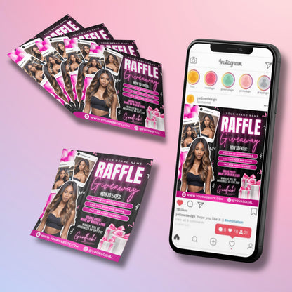 Editable black and pink raffle giveaway flyer template featuring beauty model, contest entry steps, and prize details with gift box graphics.