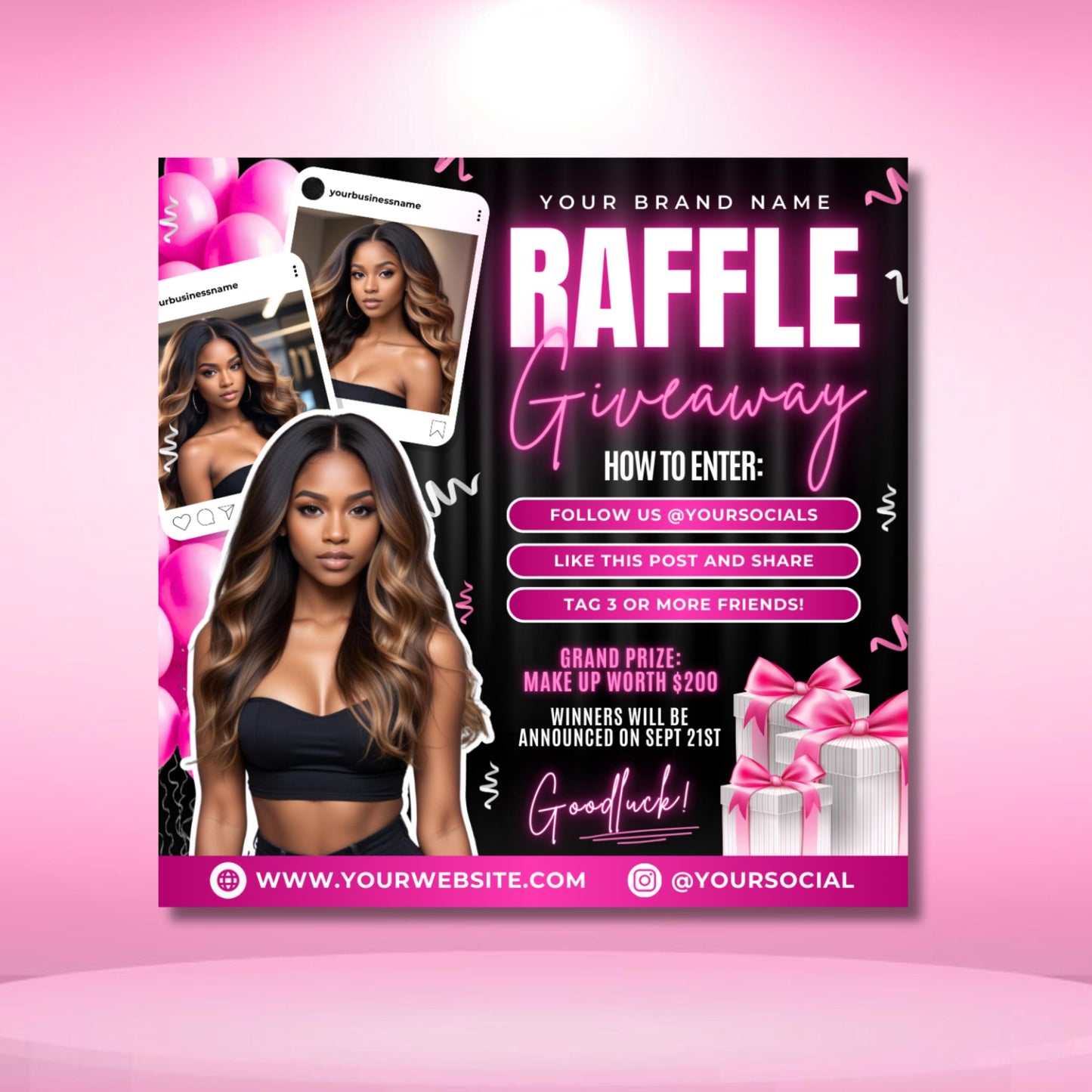 editable black and pink raffle giveaway flyer template featuring beauty model, contest entry steps, and prize details with gift box graphics.