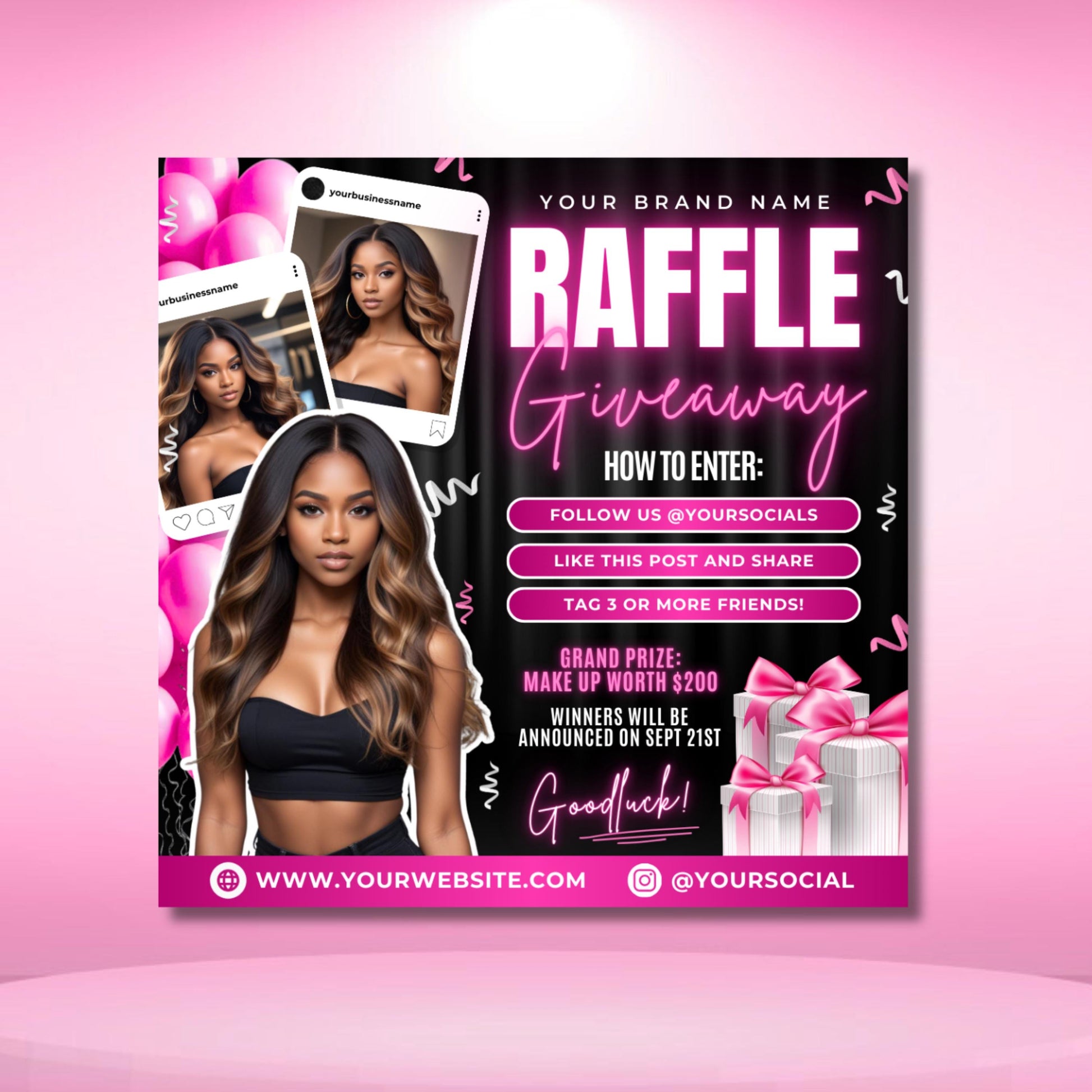 Editable black and pink raffle giveaway flyer template featuring beauty model, contest entry steps, and prize details with gift box graphics.