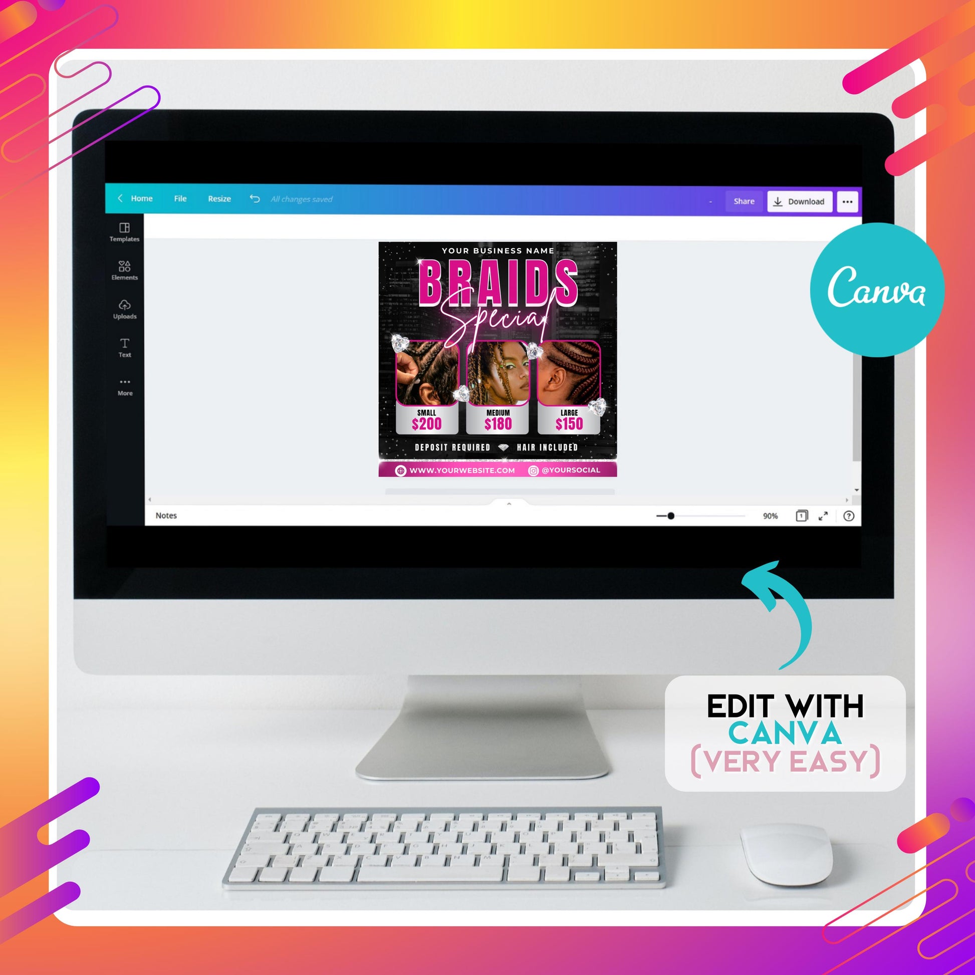 Editable Braids Special Flyer Template with pricing for small, medium, and large knotless braids, designed in Canva for salons and hairstylists.

&quot;Black and pink braids price list flyer with bold text and images of braid styles, customizable in Canva for Instagram and print marketing.&quot;

DIY Canva braids flyer showing braiding service prices with deposit required and hair included note.

Knotless braids flyer template for hair stylists and salons, featuring modern design and editable de