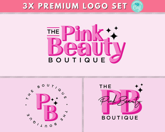 Pink Beauty Boutique editable logo set with three feminine boutique logo designs in pink tones featuring sparkle accents.