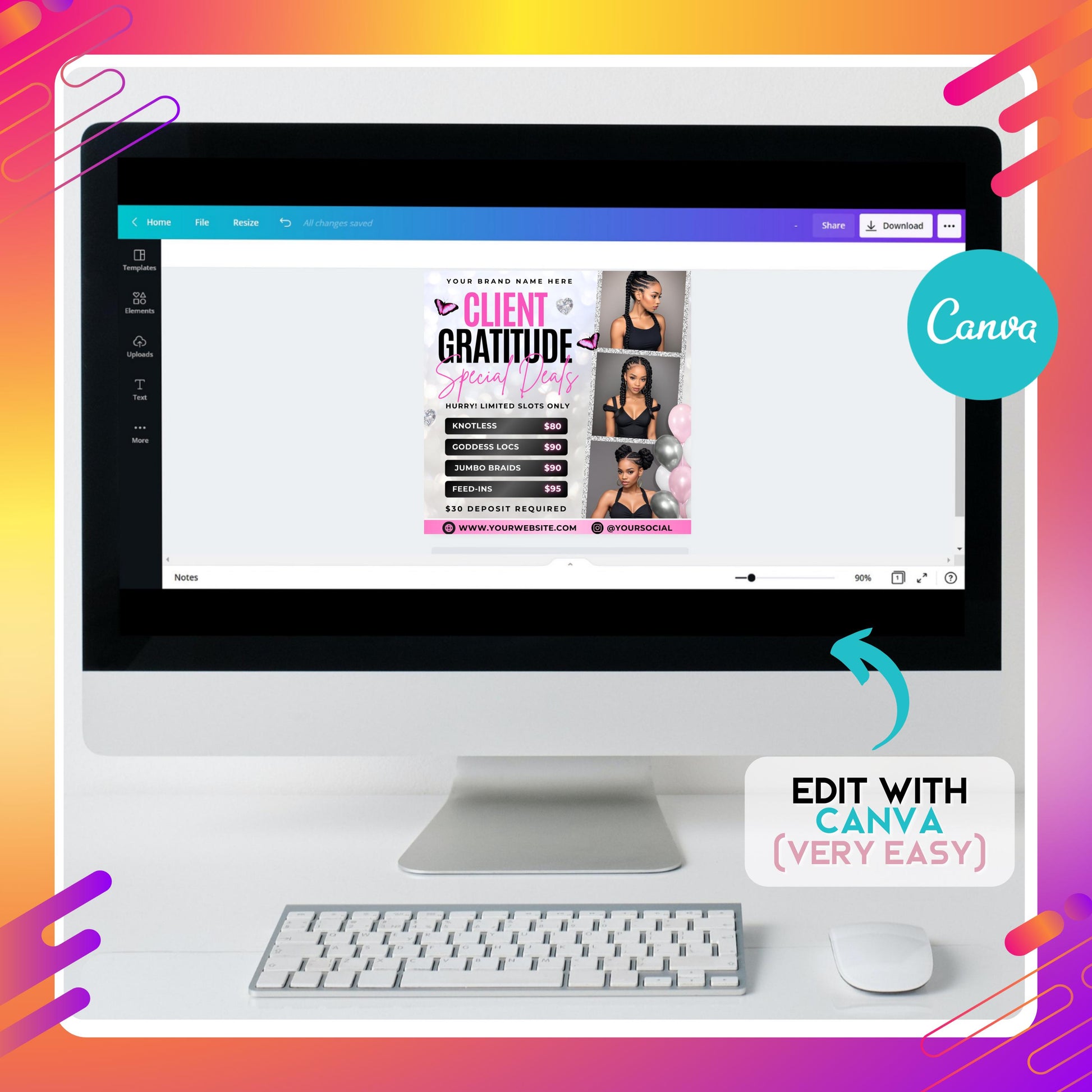 Editable client appreciation flyer template in Canva for braiders and hairstylists, featuring braid specials and price list design.
Pink and black braid promo flyer showcasing knotless braids, goddess locs, jumbo braids, and feed-in styles, Canva template.
Customizable braid flyer for beauty professionals, Canva design with modern client gratitude deals and price list layout.
Hair braiding promo flyer template in Canva, perfect for salons offering client specials and limited-time braid deals.