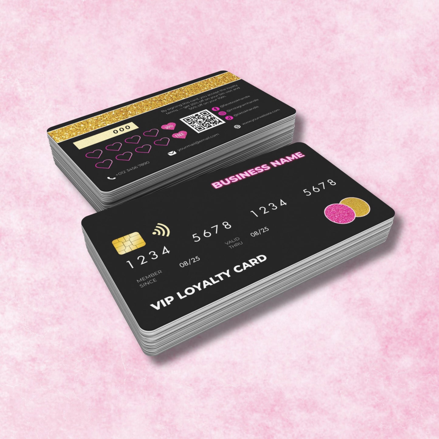 editable canva vip loyalty card template in credit card style, perfect for salons, nail techs, and lash artists.
black and gold glitter credit card style punch card, customizable canva loyalty design for small business rewards.
modern vip membership loyalty punch card template, editable with social media and qr code for client rewards