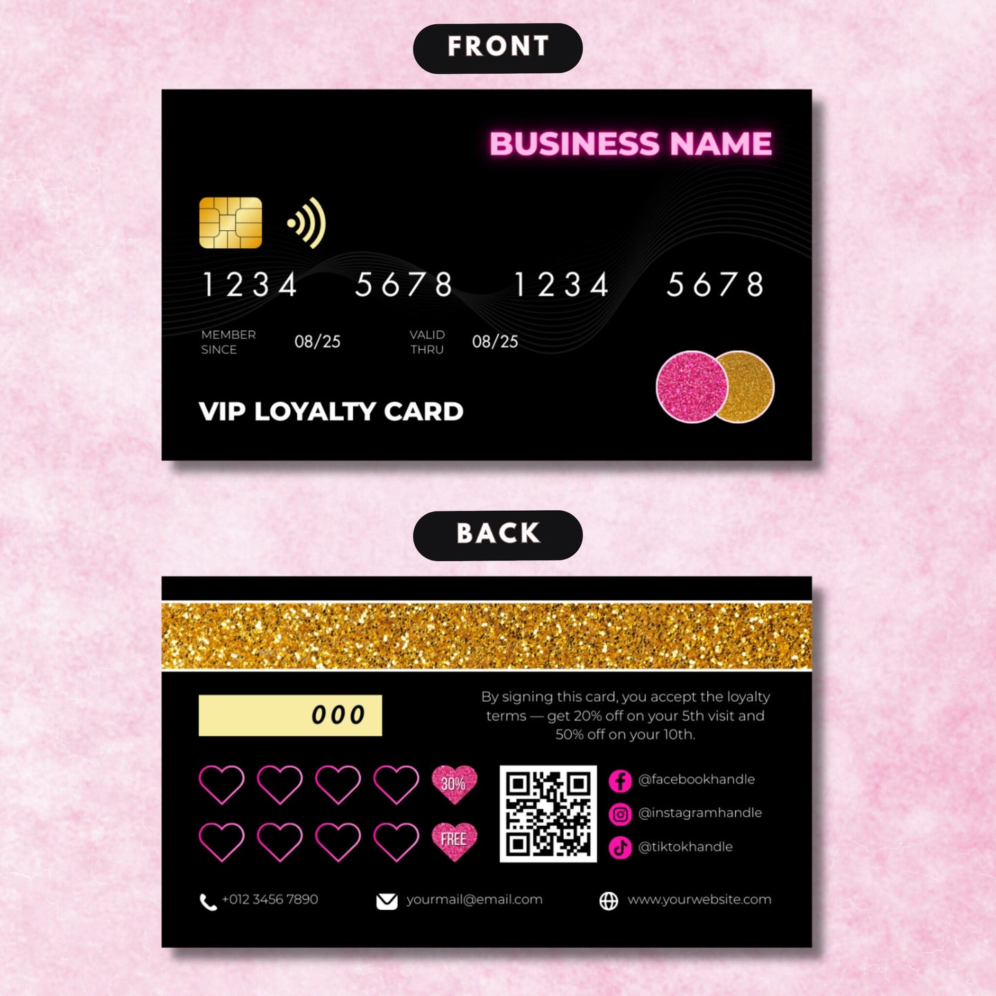 editable canva vip loyalty card template in credit card style, perfect for salons, nail techs, and lash artists.
black and gold glitter credit card style punch card, customizable canva loyalty design for small business rewards.
modern vip membership loyalty punch card template, editable with social media and qr code for client rewards