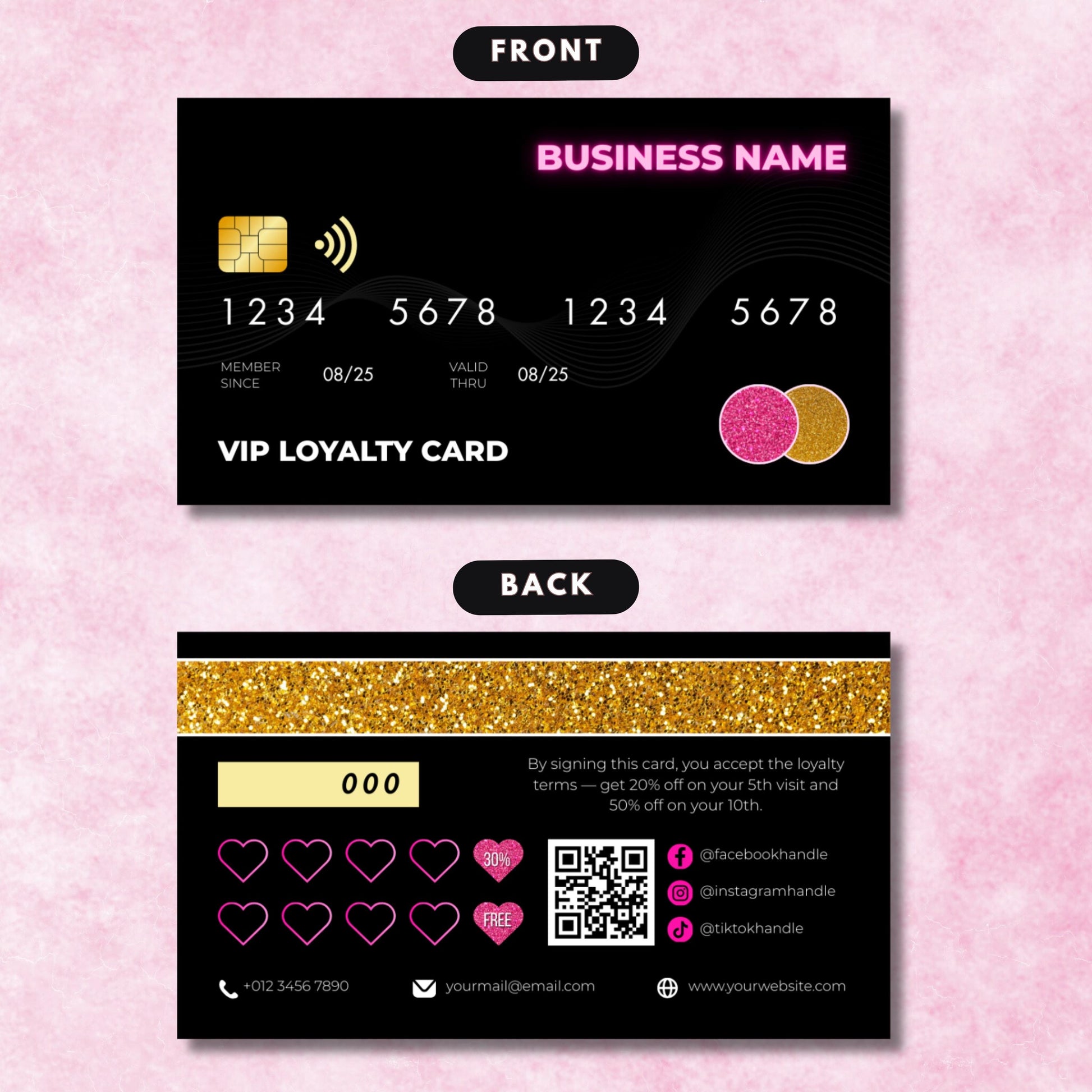 Editable Canva VIP loyalty card template in credit card style, perfect for salons, nail techs, and lash artists.
Black and gold glitter credit card style punch card, customizable Canva loyalty design for small business rewards.
Modern VIP membership loyalty punch card template, editable with social media and QR code for client rewards