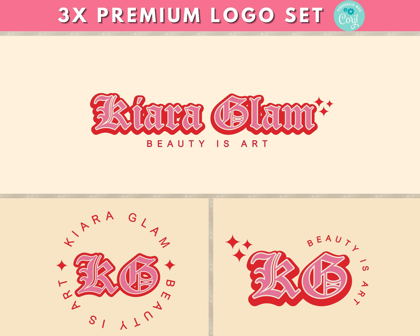 editable retro beauty logo set with bold red vintage typography, includes 3x variations for salon, lash, nail, or glam branding.