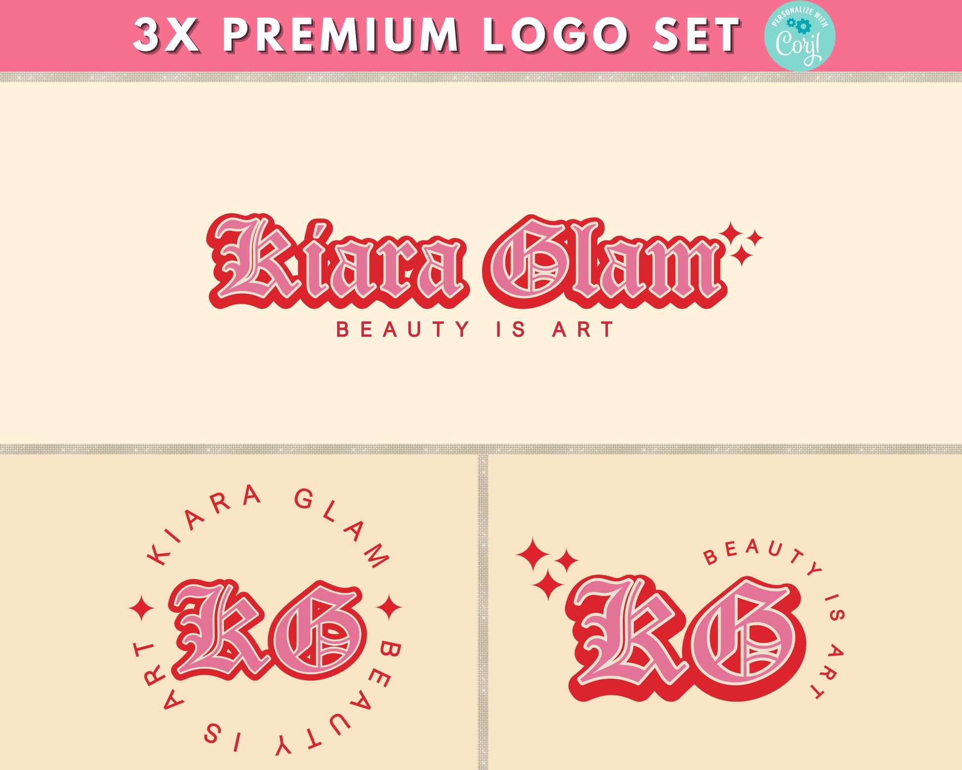 Editable Retro Beauty Logo Set with bold red vintage typography, includes 3x variations for salon, lash, nail, or glam branding.