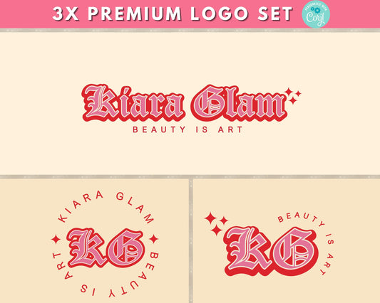 Editable Retro Beauty Logo Set with bold red vintage typography, includes 3x variations for salon, lash, nail, or glam branding.