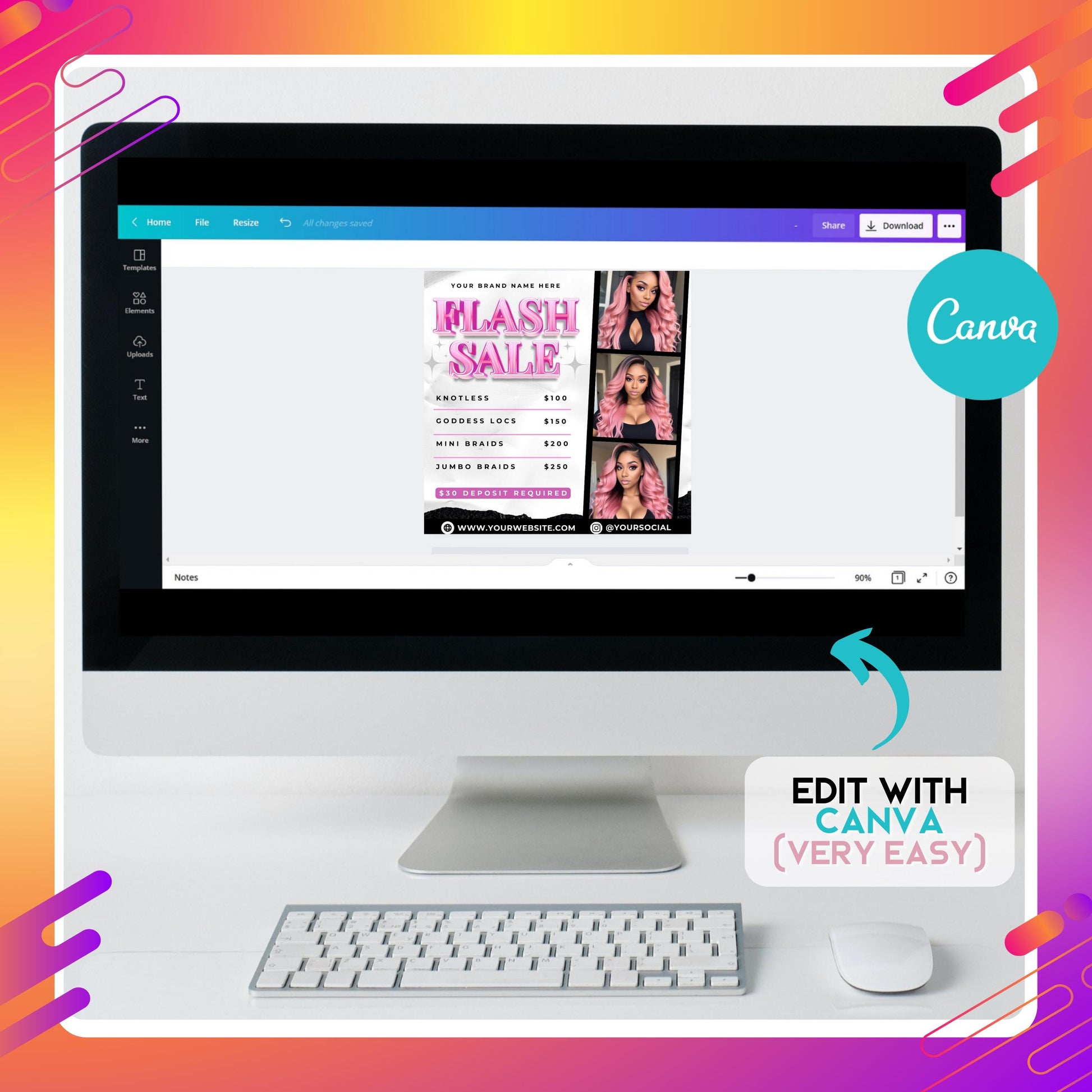 Editable Flash Sale Flyer Template with pink glam headline, service list (knotless, locs, braids) and model photos, designed for beauty and hair salons.