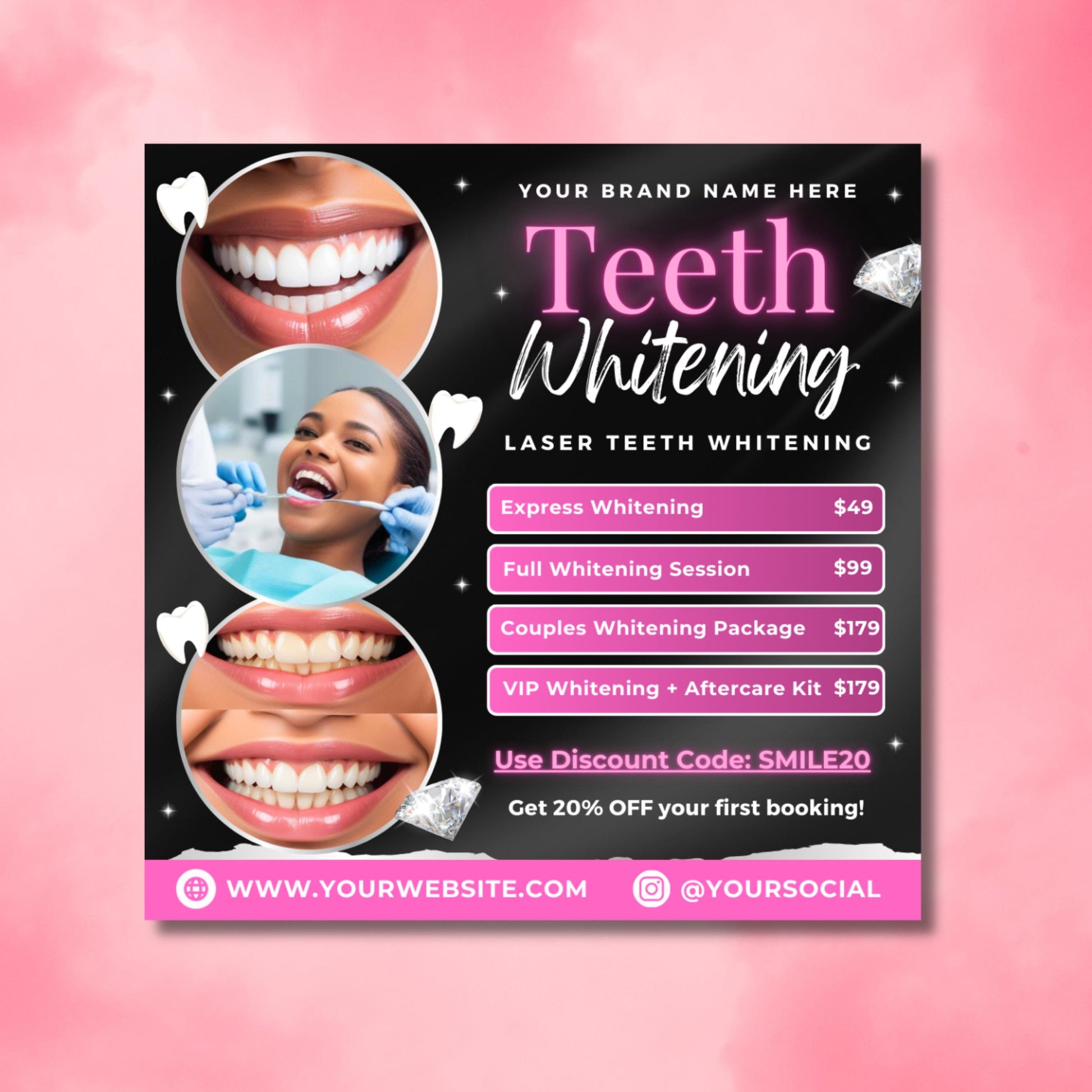 Editable Teeth Whitening Flyer Template with glam pink and black design, service price list, and smiling model photos. Perfect for salons and dental spas.