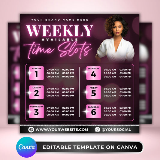 Editable weekly time slots flyer template in Canva, pink modern schedule design for booking appointments and beauty businesses
Weekly appointment booking flyer editable in Canva, perfect for lash techs, hairstylists, nail techs, and salons
Canva schedule flyer template for beauty professionals, weekly time slots design in pink and black modern style