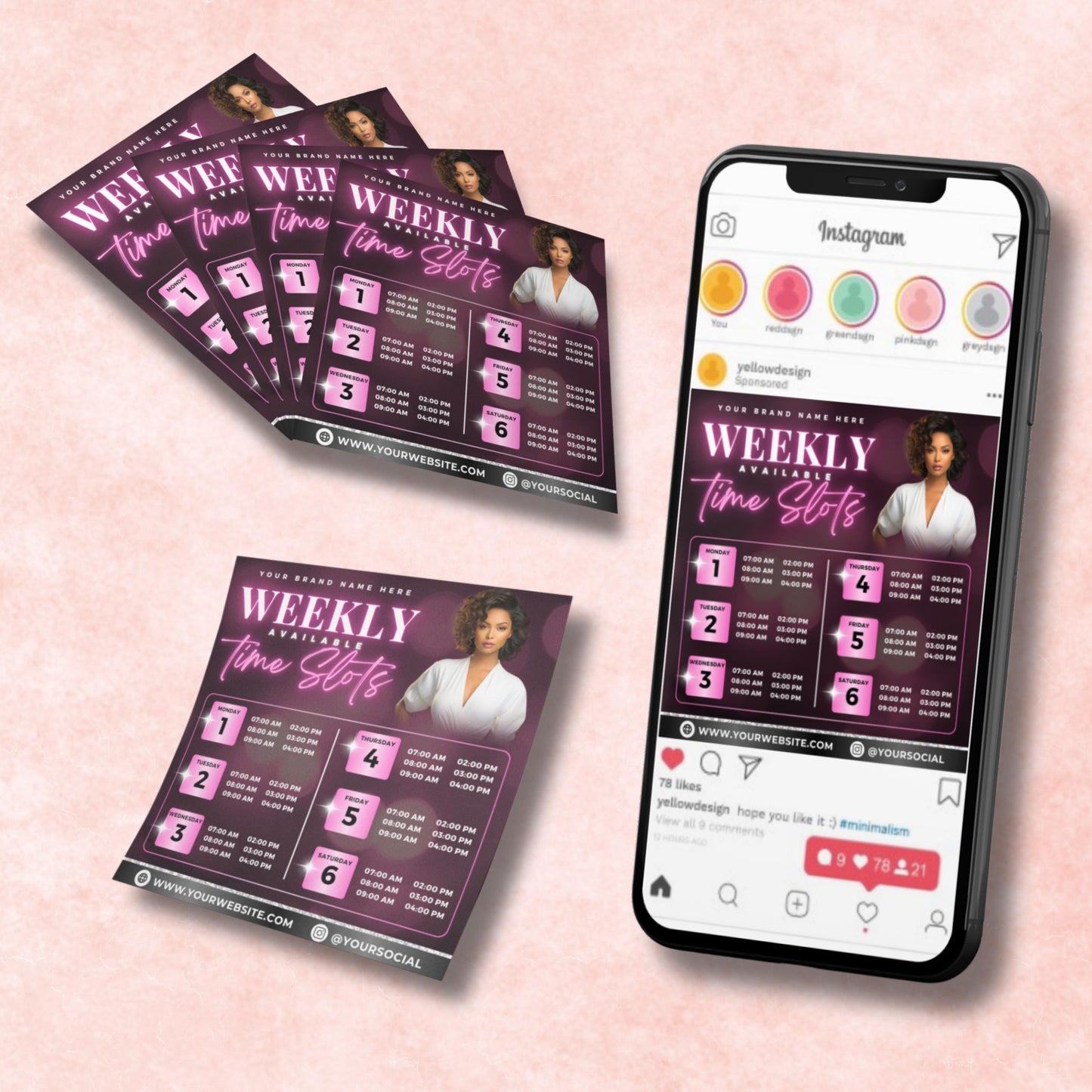 editable weekly time slots flyer template in canva, pink modern schedule design for booking appointments and beauty businesses
weekly appointment booking flyer editable in canva, perfect for lash techs, hairstylists, nail techs, and salons
canva schedule flyer template for beauty professionals, weekly time slots design in pink and black modern style