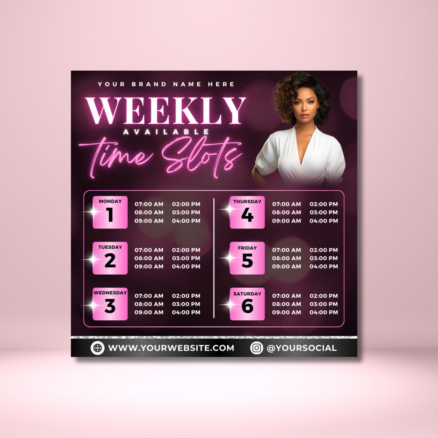 editable weekly time slots flyer template in canva, pink modern schedule design for booking appointments and beauty businesses
weekly appointment booking flyer editable in canva, perfect for lash techs, hairstylists, nail techs, and salons
canva schedule flyer template for beauty professionals, weekly time slots design in pink and black modern style
