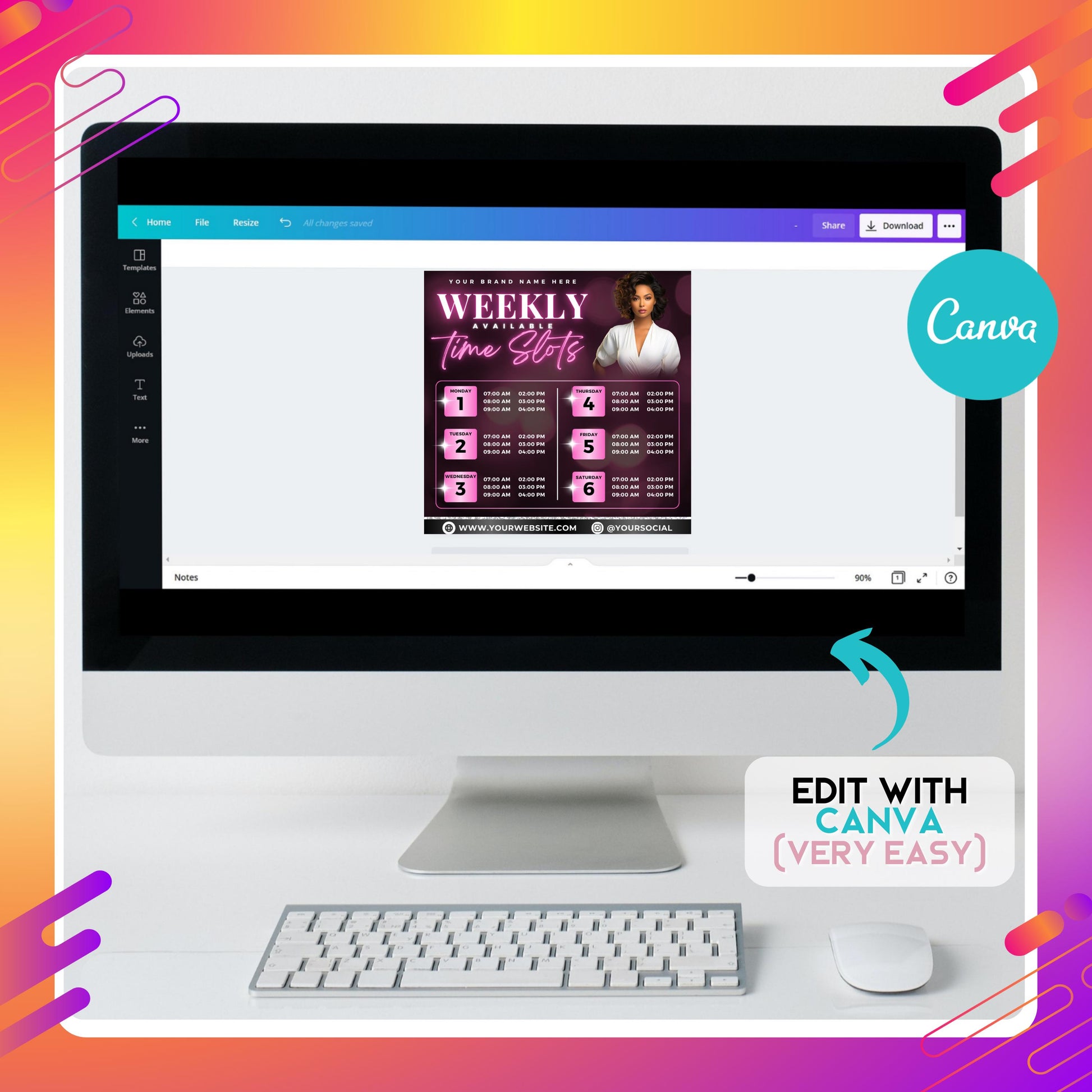 Editable weekly time slots flyer template in Canva, pink modern schedule design for booking appointments and beauty businesses
Weekly appointment booking flyer editable in Canva, perfect for lash techs, hairstylists, nail techs, and salons
Canva schedule flyer template for beauty professionals, weekly time slots design in pink and black modern style