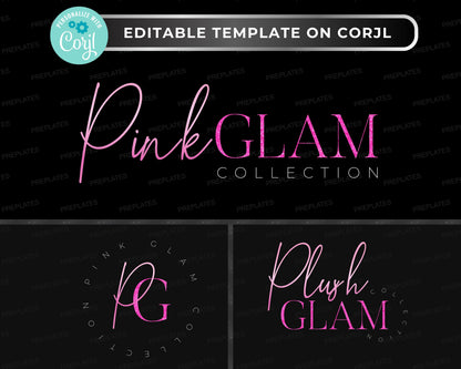Editable Logo Template Corjl, Pink Glam Business Logo Design, Modern Luxury Brand Logo, Customizable Logo Set for Small Business Owners