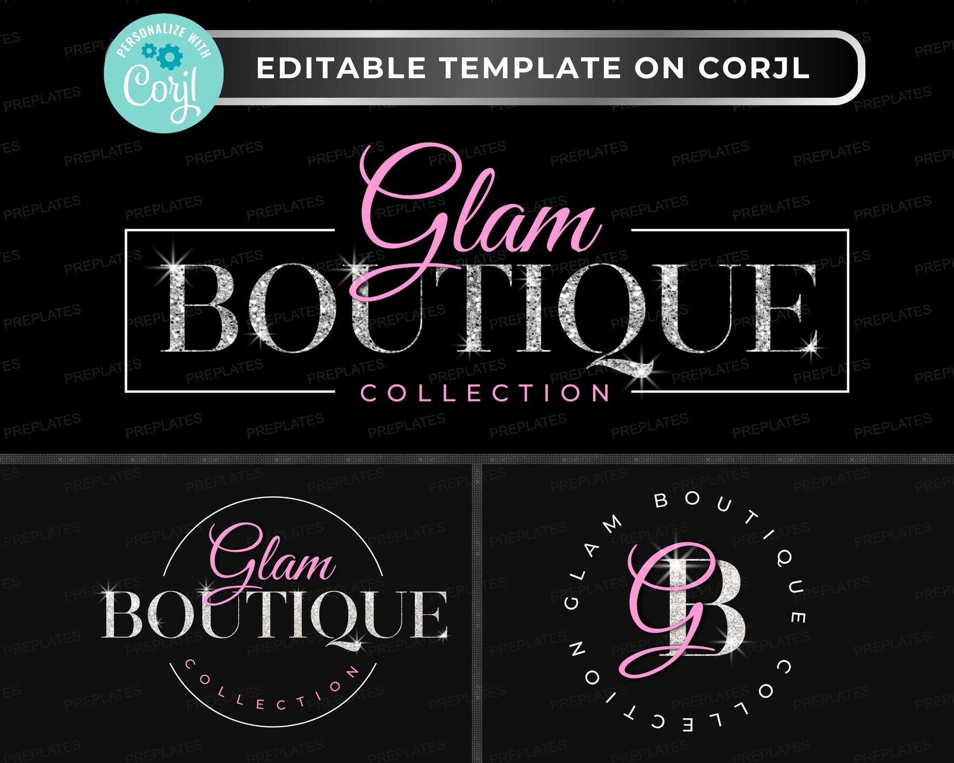 Editable glam boutique logo set in Corjl with glitter and luxury design for fashion and beauty businesses
Corjl logo template for boutiques, customizable glam logo with sparkle and glitter style
Luxury glitter logo design set, editable Corjl branding kit for fashion and beauty businesses
Editable boutique logo template with glam and modern design, perfect for online shops and salons
Customizable glam logo set for Corjl, fashion boutique and beauty brand logo design