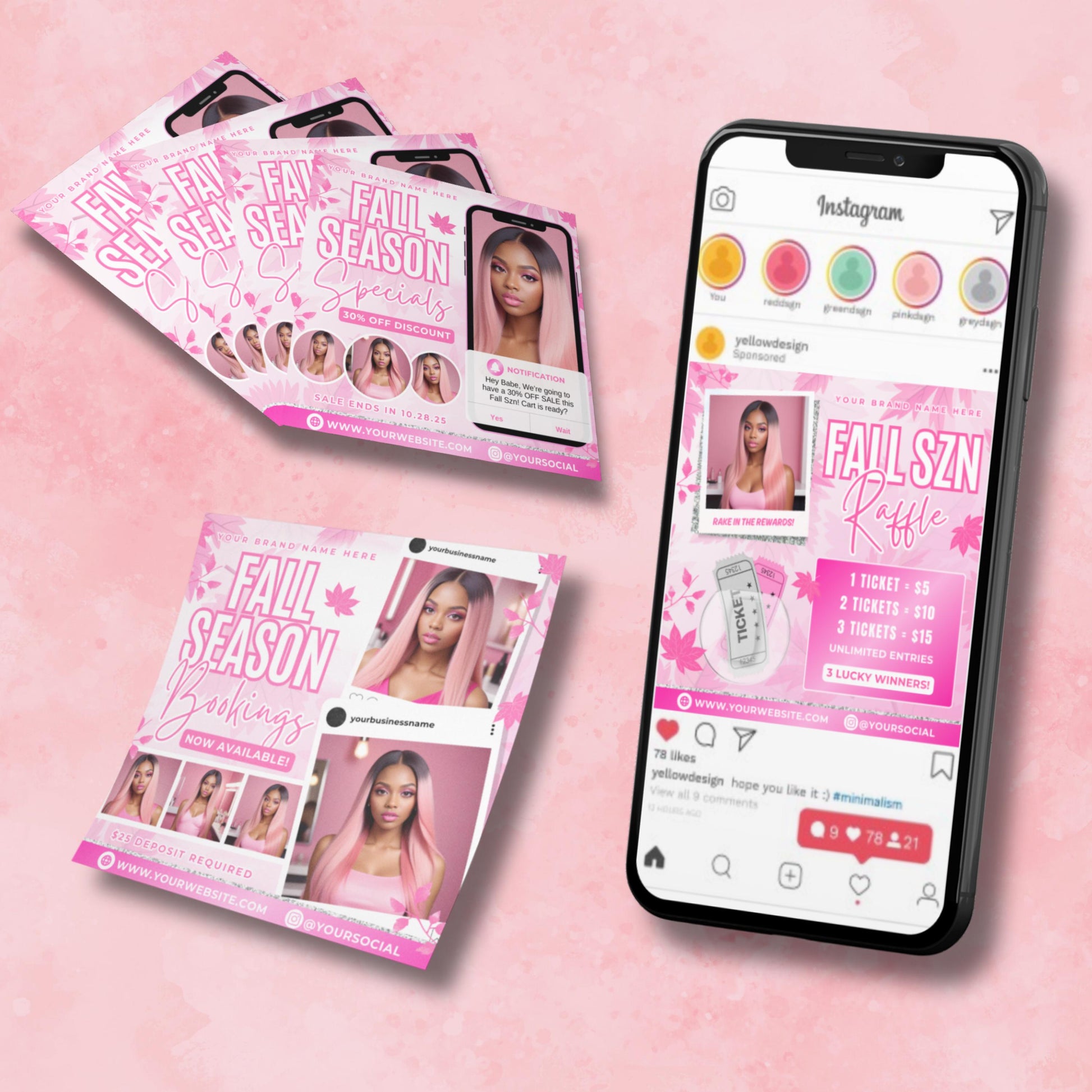 A 4-piece editable Fall Season flyer set in pink, designed for beauty professionals such as hair stylists, lash techs, and nail artists. Includes booking flyers, raffle promotions, and seasonal discount templates with bold typography, model images, and autumn leaf accents. Perfect for salon owners to promote specials on Instagram or in print.