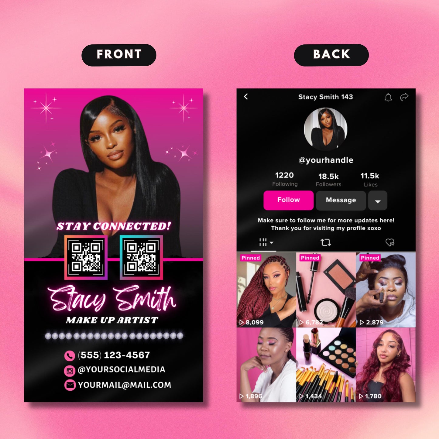 editable tiktok business card template in canva, glam pink and black design with qr codes for social media links
makeup artist contact card template with tiktok theme, digital download editable in canva
customizable influencer business card, pink and black canva template with qr code for social media
editable digital contact card for muas and beauty entrepreneurs, modern glam canva design
tiktok influencer business card template, pink glam canva contact card with qr code