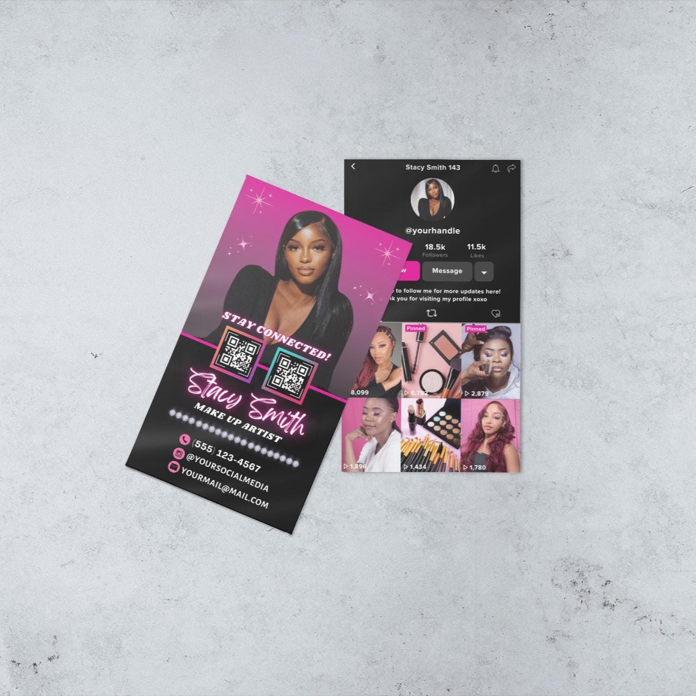 editable tiktok business card template in canva, glam pink and black design with qr codes for social media links
makeup artist contact card template with tiktok theme, digital download editable in canva
customizable influencer business card, pink and black canva template with qr code for social media
editable digital contact card for muas and beauty entrepreneurs, modern glam canva design
tiktok influencer business card template, pink glam canva contact card with qr code