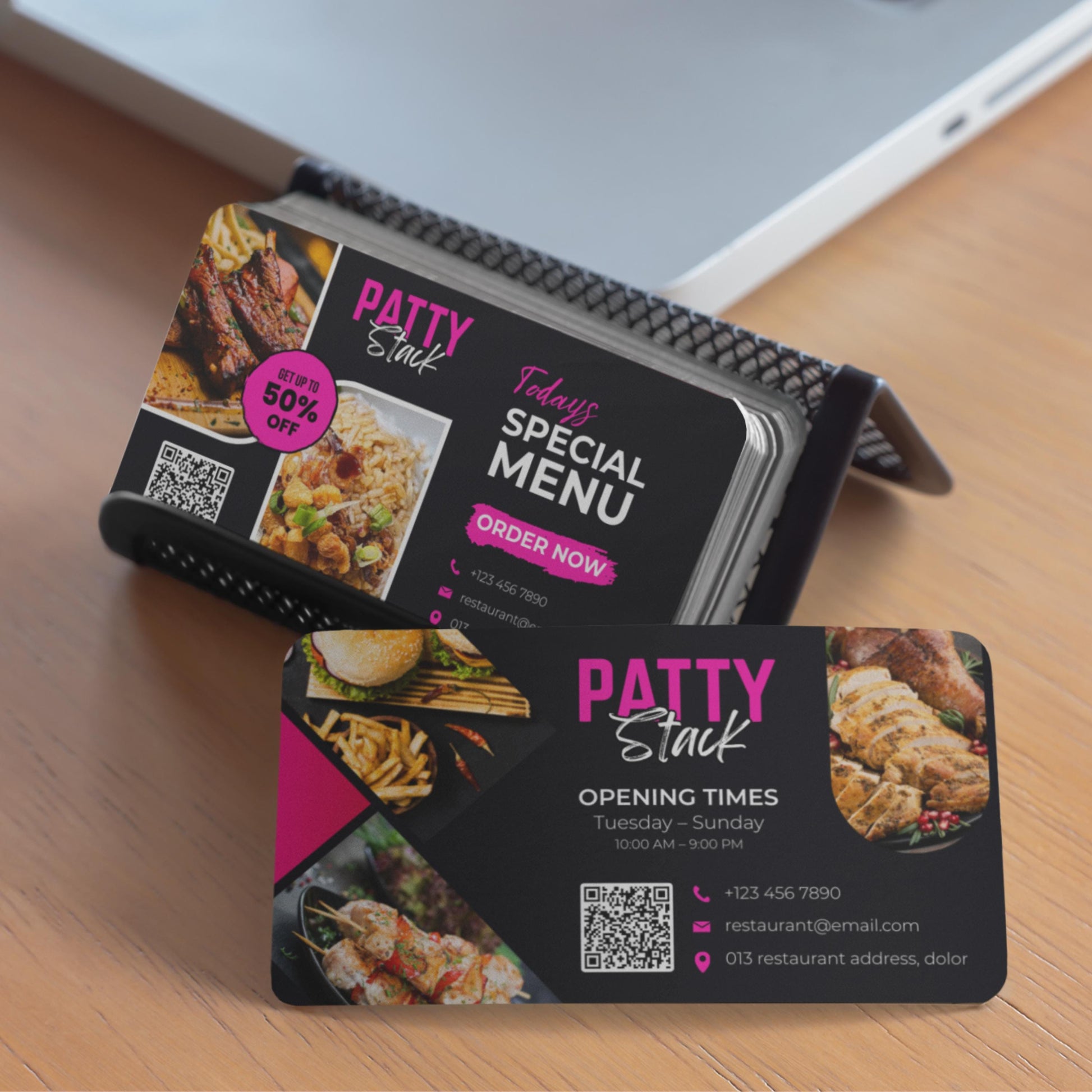 A modern editable restaurant business card template in Canva, showing the front and back design with food images, QR code, bold restaurant name, contact details, and special menu promotion.