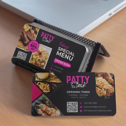 A modern editable restaurant business card template in Canva, showing the front and back design with food images, QR code, bold restaurant name, contact details, and special menu promotion.