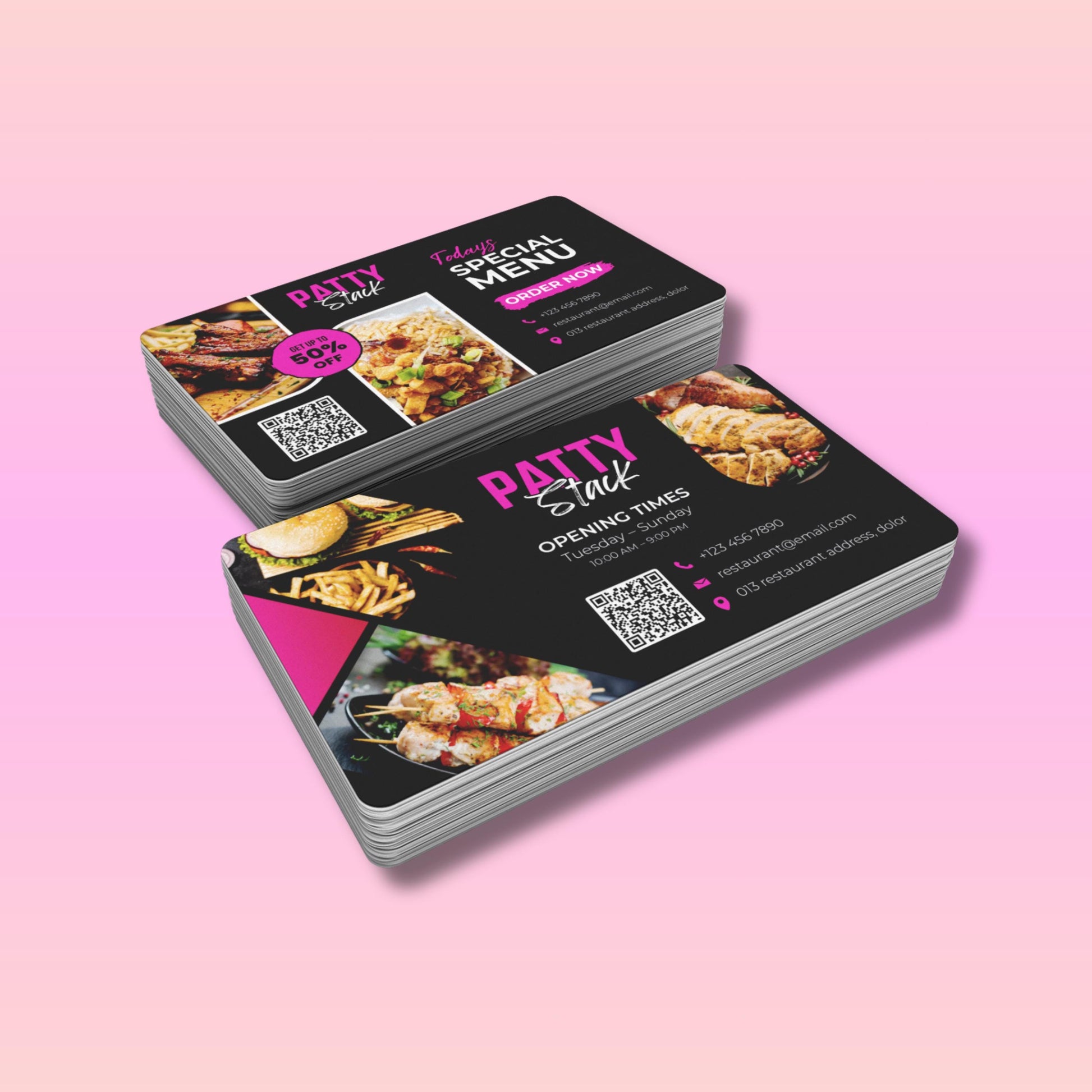 A modern editable restaurant business card template in Canva, showing the front and back design with food images, QR code, bold restaurant name, contact details, and special menu promotion.